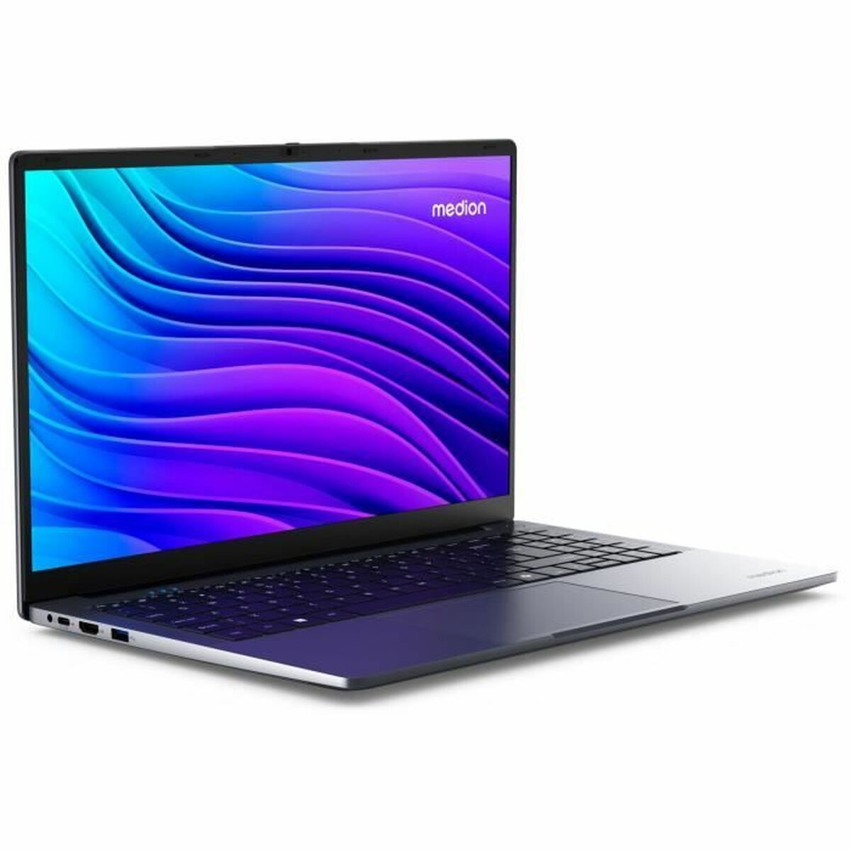 Un portátil negro con pantalla azul y morada, sobre un fondo blanco.