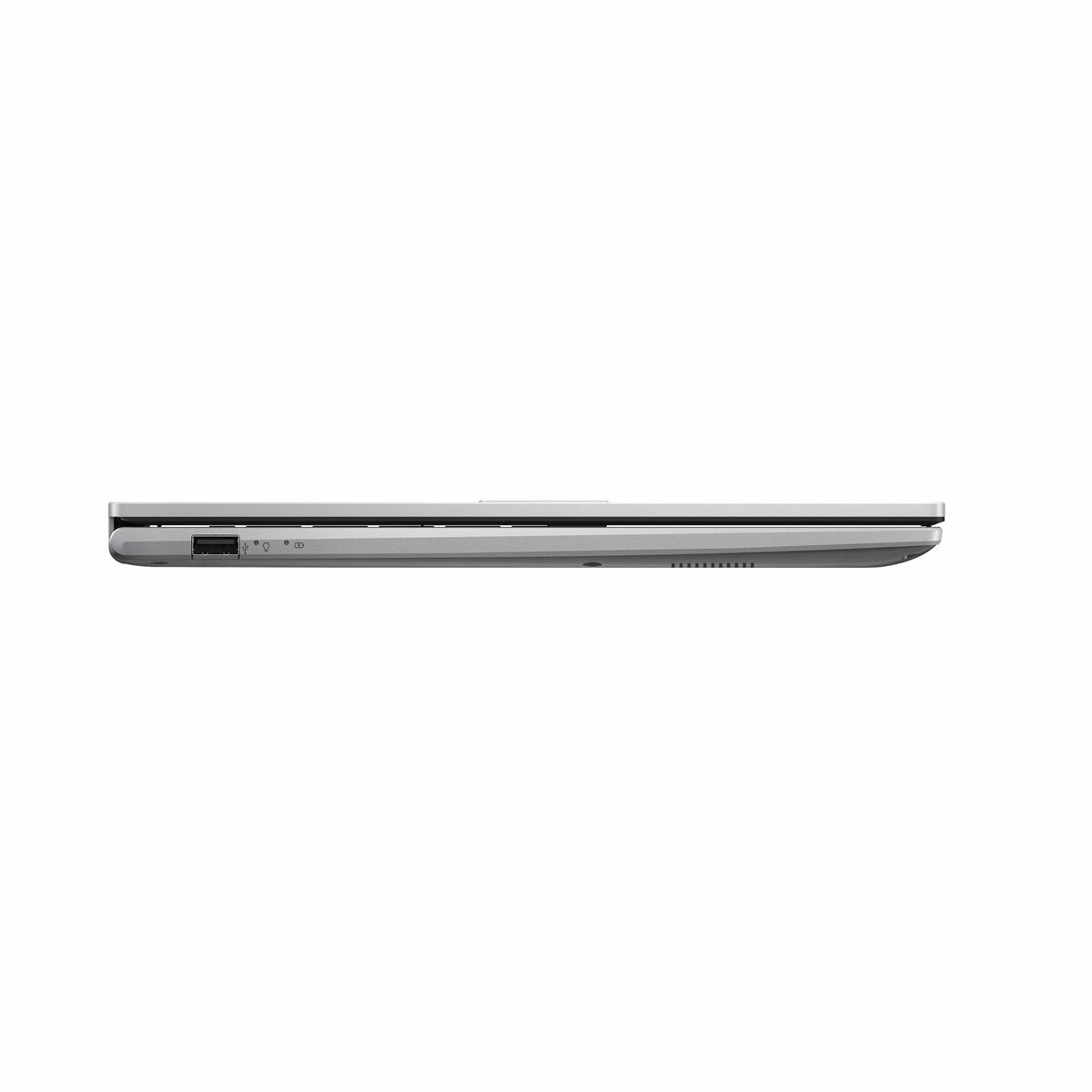 Vista laterale di un laptop argentato, che mostra le porte e una griglia per altoparlanti. È su sfondo bianco.
