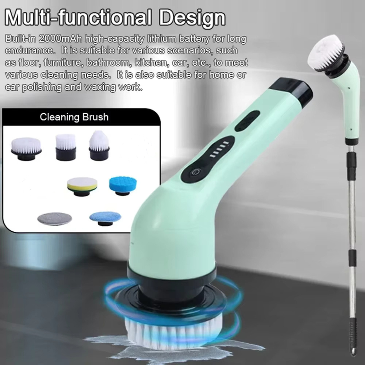 Cepillo de limpieza verde y blanco con accesorios sobre una superficie.