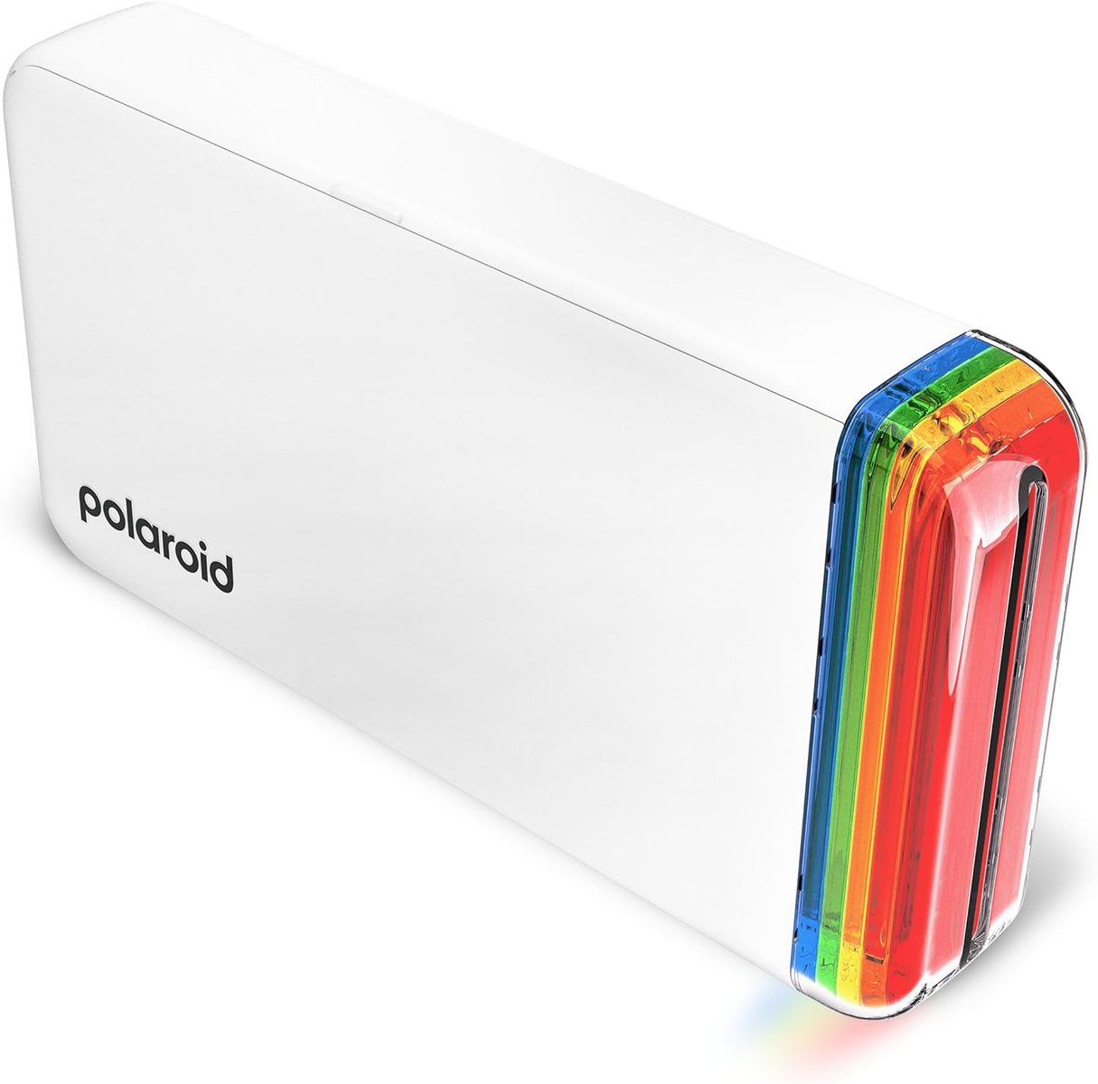 Weißer Polaroid-Drucker mit regenbogenfarbener Kante und einem Ein-/Aus-Schalter.