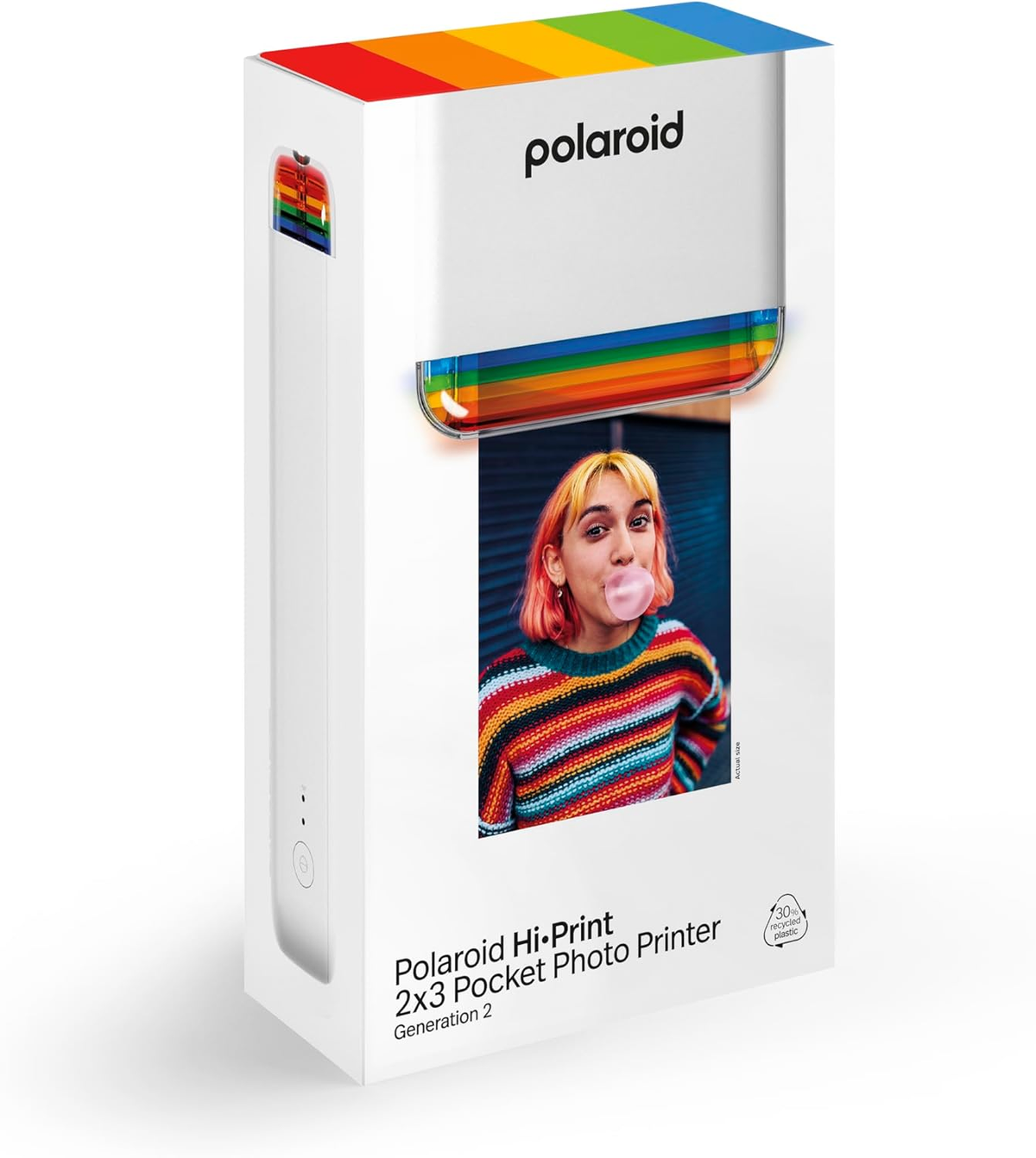 Weiße Polaroid-Druckerbox mit Farbfoto und Regenbogen-Design oben.