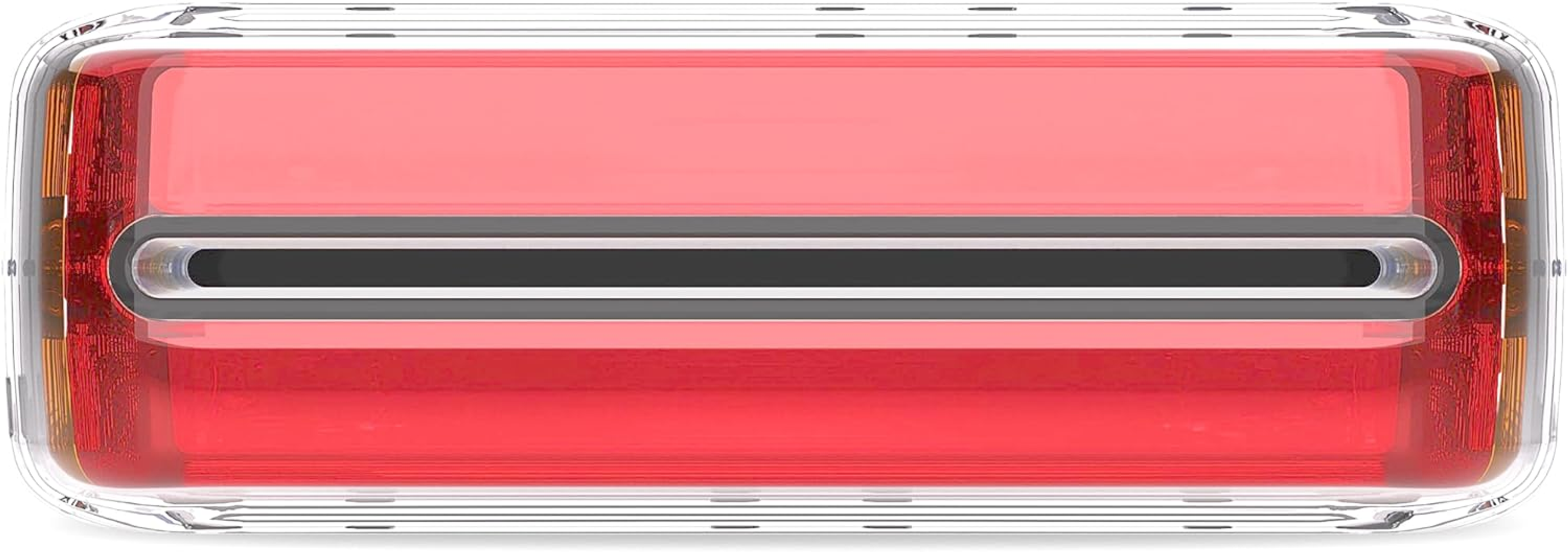 Ein rotes und weißes rechteckiges Gerät, vermutlich eine Powerbank, auf weißem Grund.