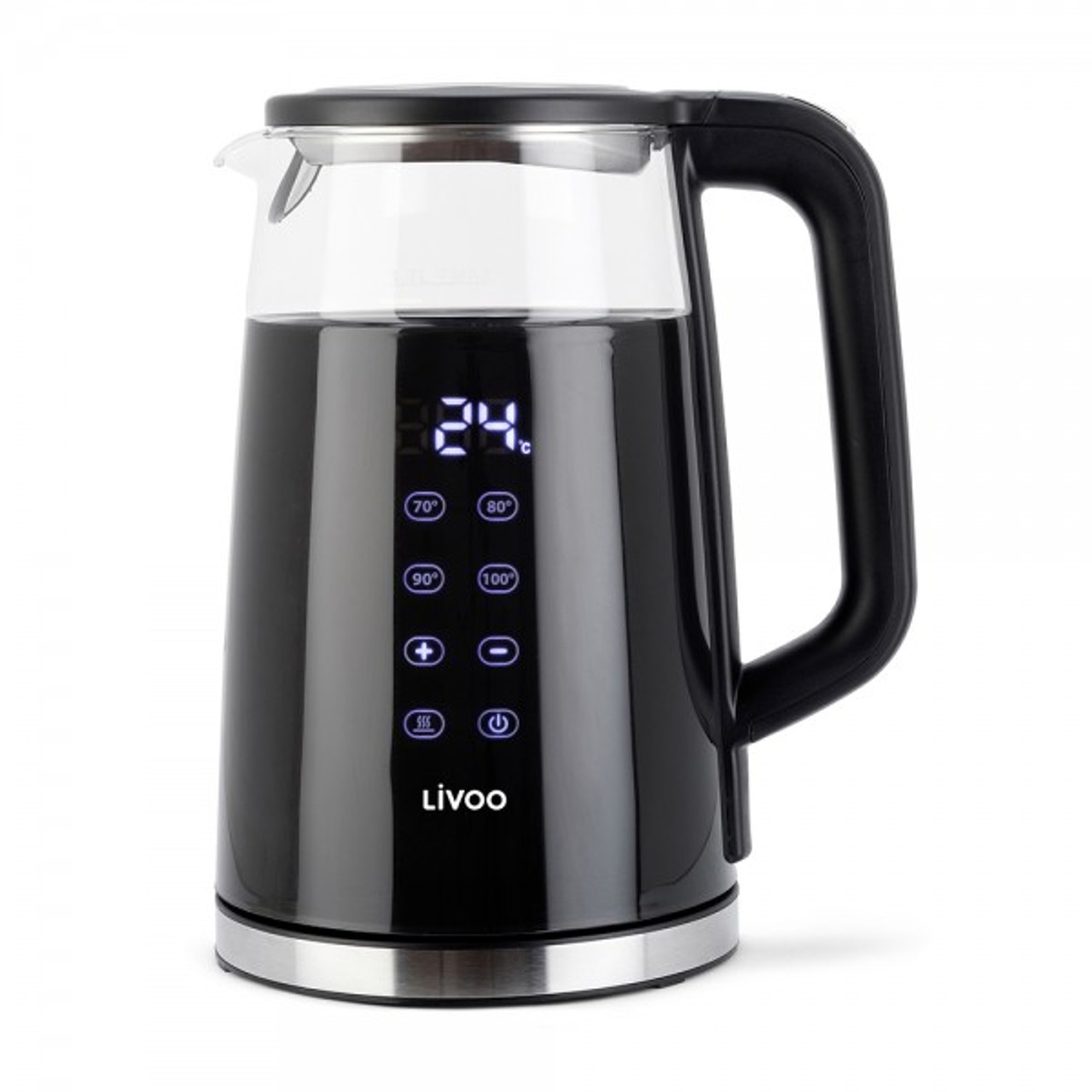 Czarny czajnik elektryczny z wyświetlaczem cyfrowym i przyciskami, na białym tle.