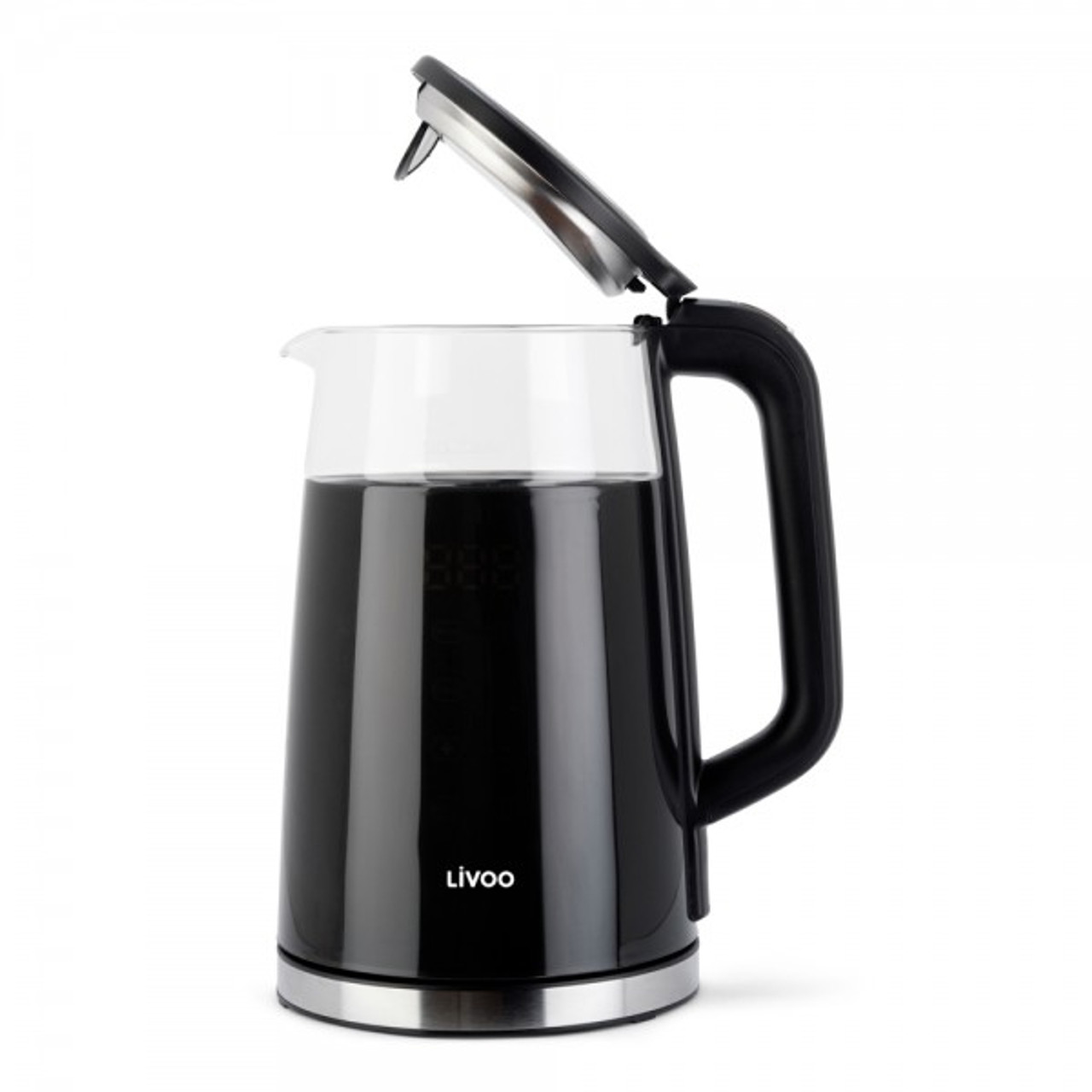 Czarny i szklany czajnik elektryczny z otwartą pokrywą, z napisem Livoo.