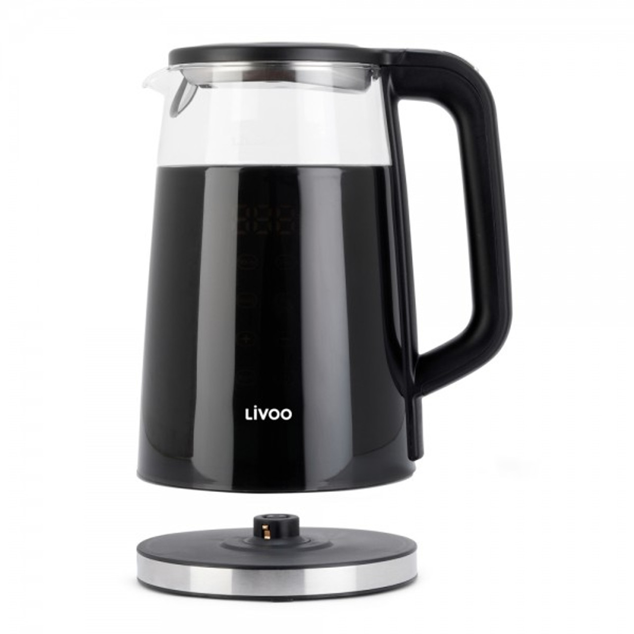 Czarny czajnik elektryczny ze szklaną pokrywką, oddzielony od podstawy.