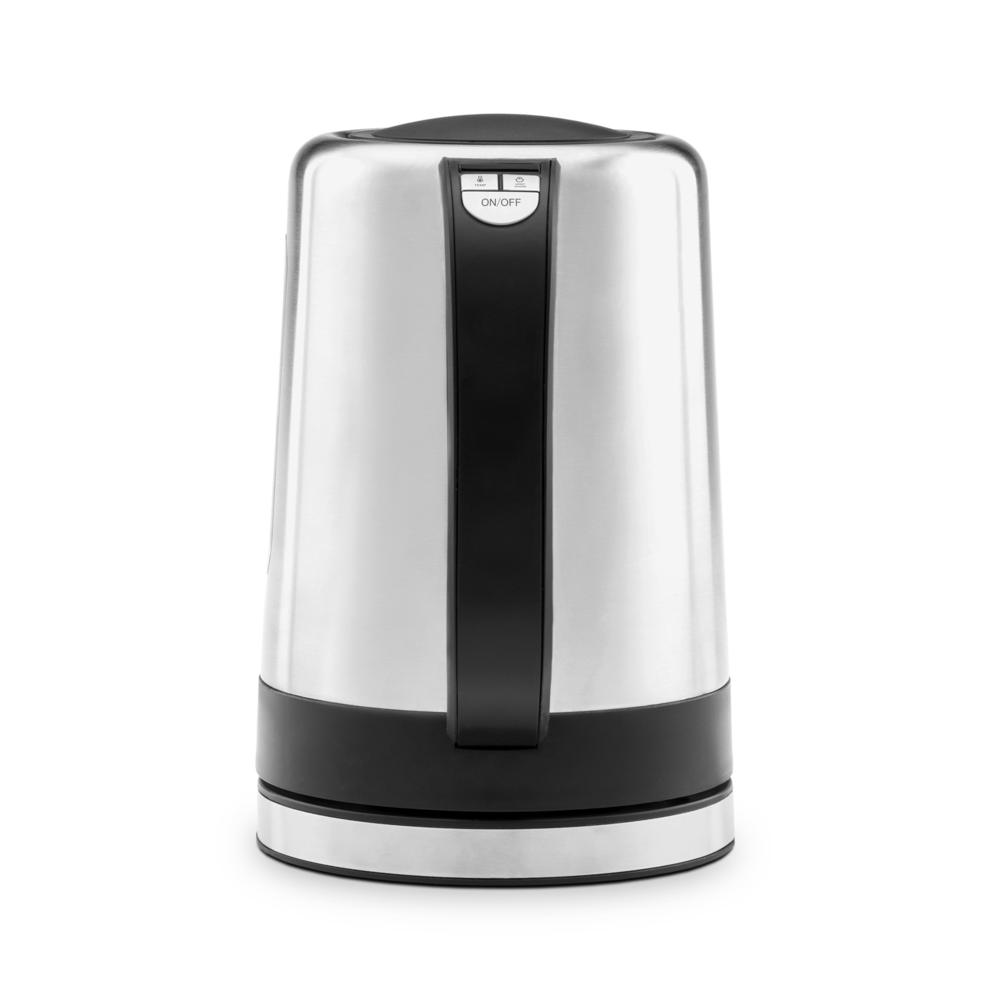 Elektrischer Wasserkocher aus Edelstahl mit schwarzem Griff und Ein-/Aus-Taste.