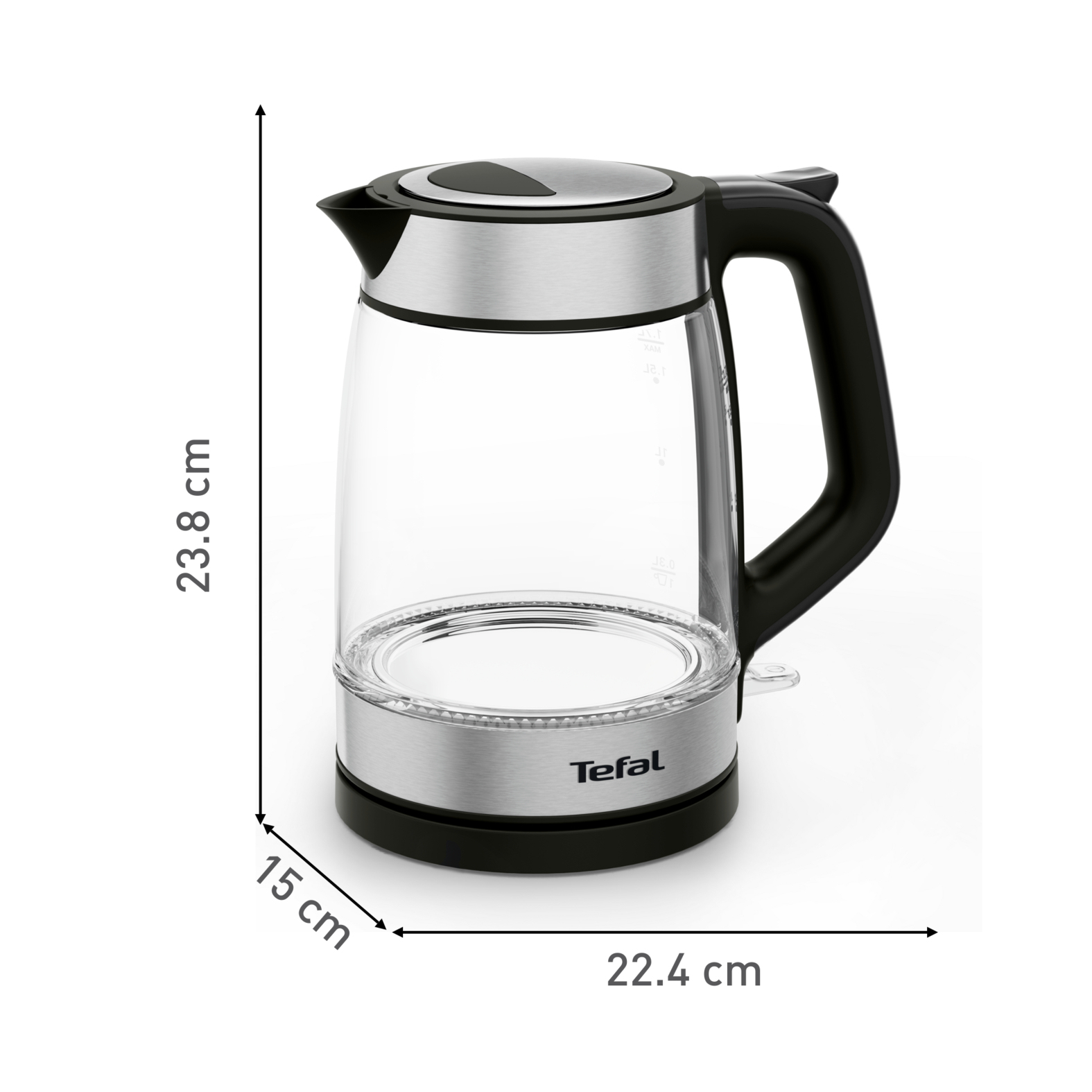 Bollitore elettrico in vetro con manico nero, base argentata. Misure mostrate.