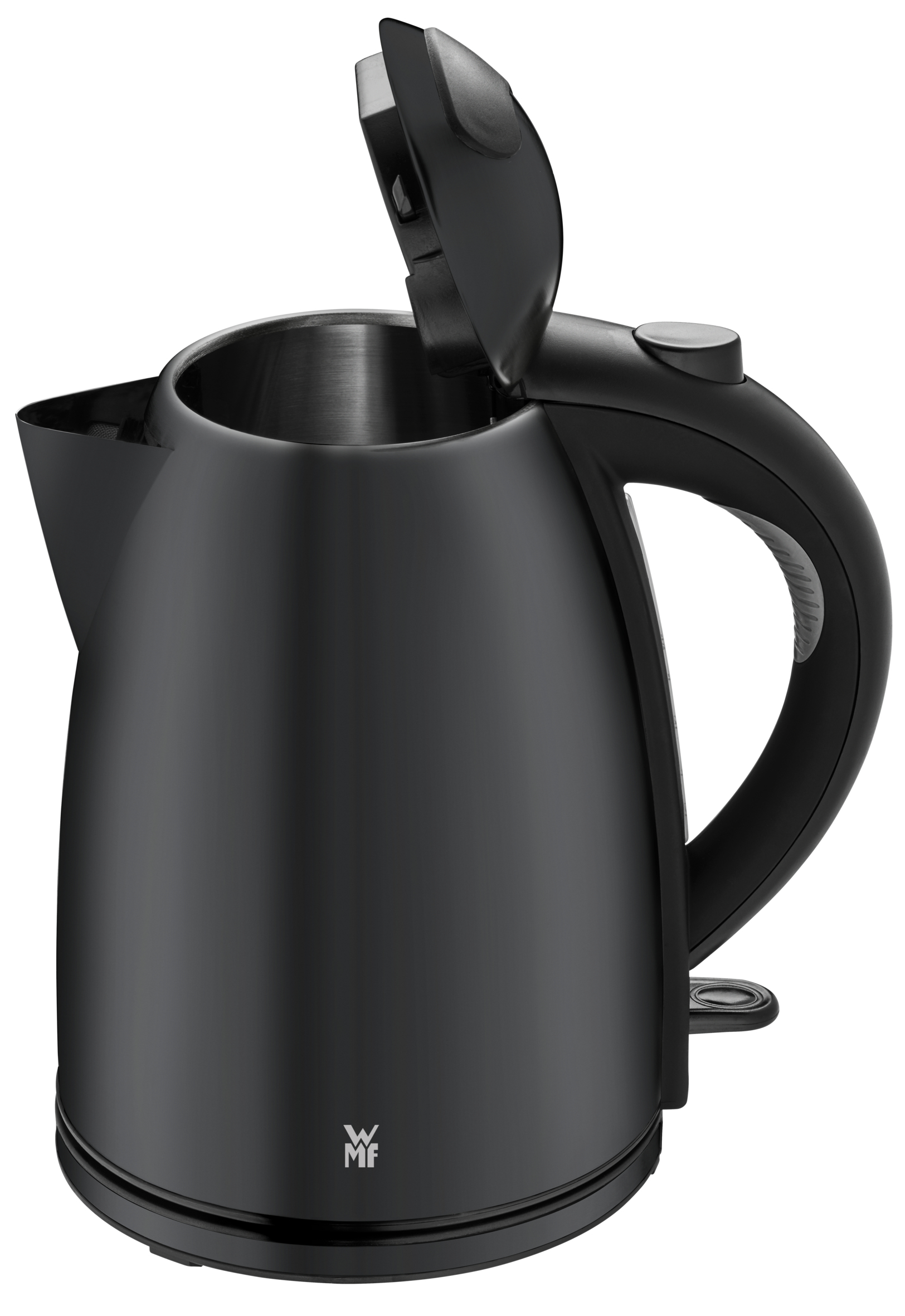 Bollitore elettrico nero con coperchio aperto, interno in acciaio inossidabile.