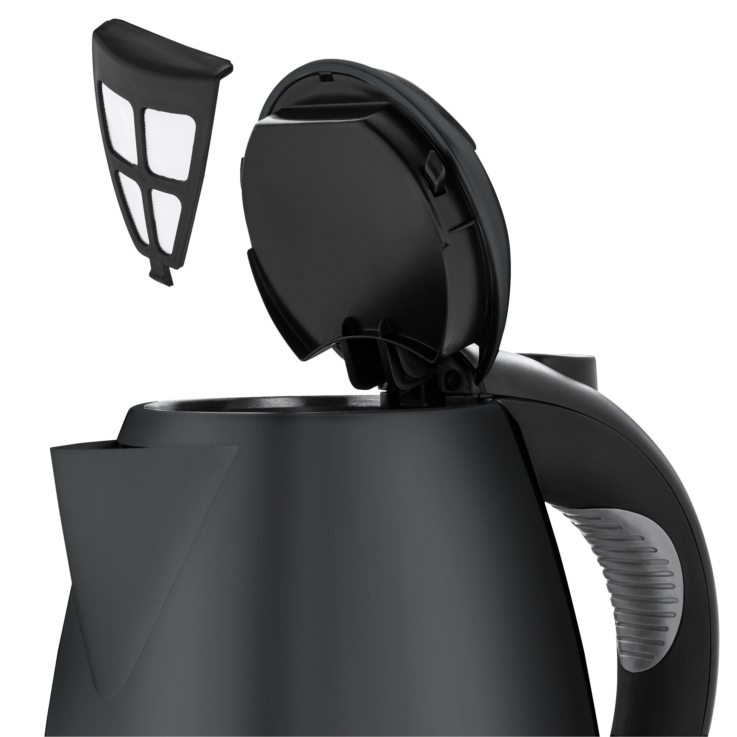 Primo piano di un bollitore elettrico nero con coperchio aperto e filtro visibile.