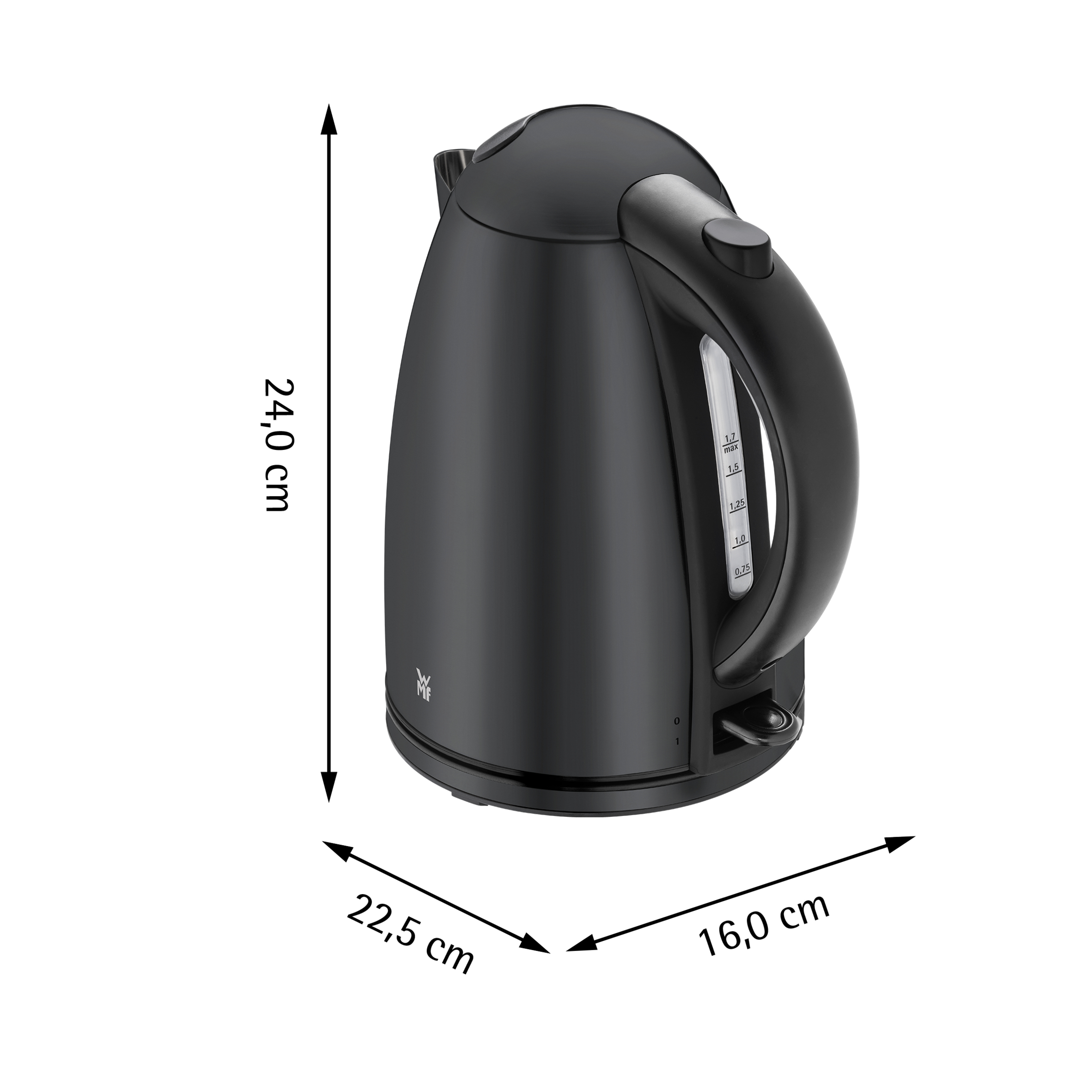 Bollitore elettrico nero con dimensioni indicate. Manico e beccuccio visibili. Base nera.