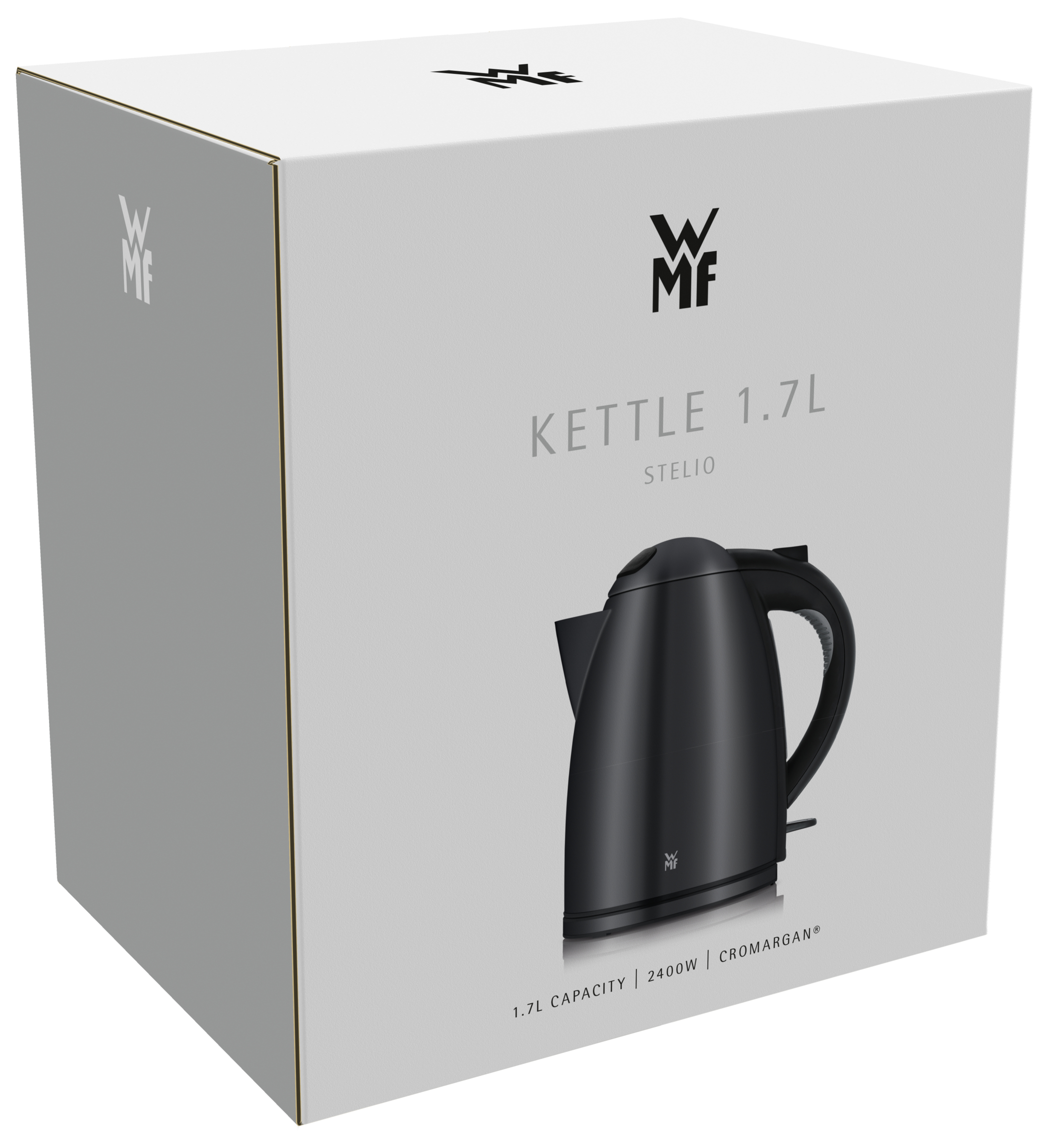 Un bollitore nero in una scatola bianca. La scatola mostra il bollitore, con il marchio 'WMF' e 'KETTLE 1.7L'.