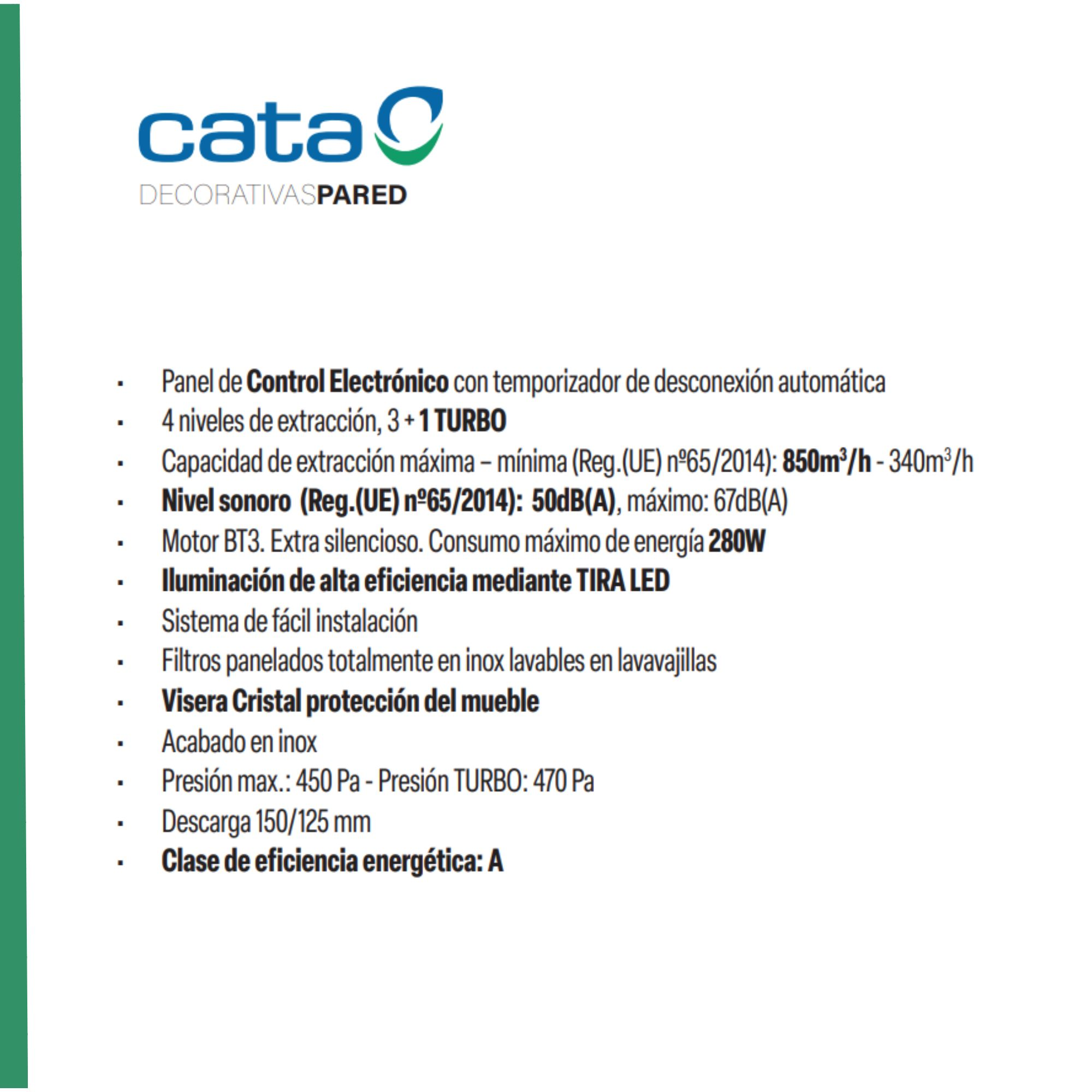 Cappa a parete decorativa Cata. Testo in spagnolo. Include i dettagli della classe energetica A.