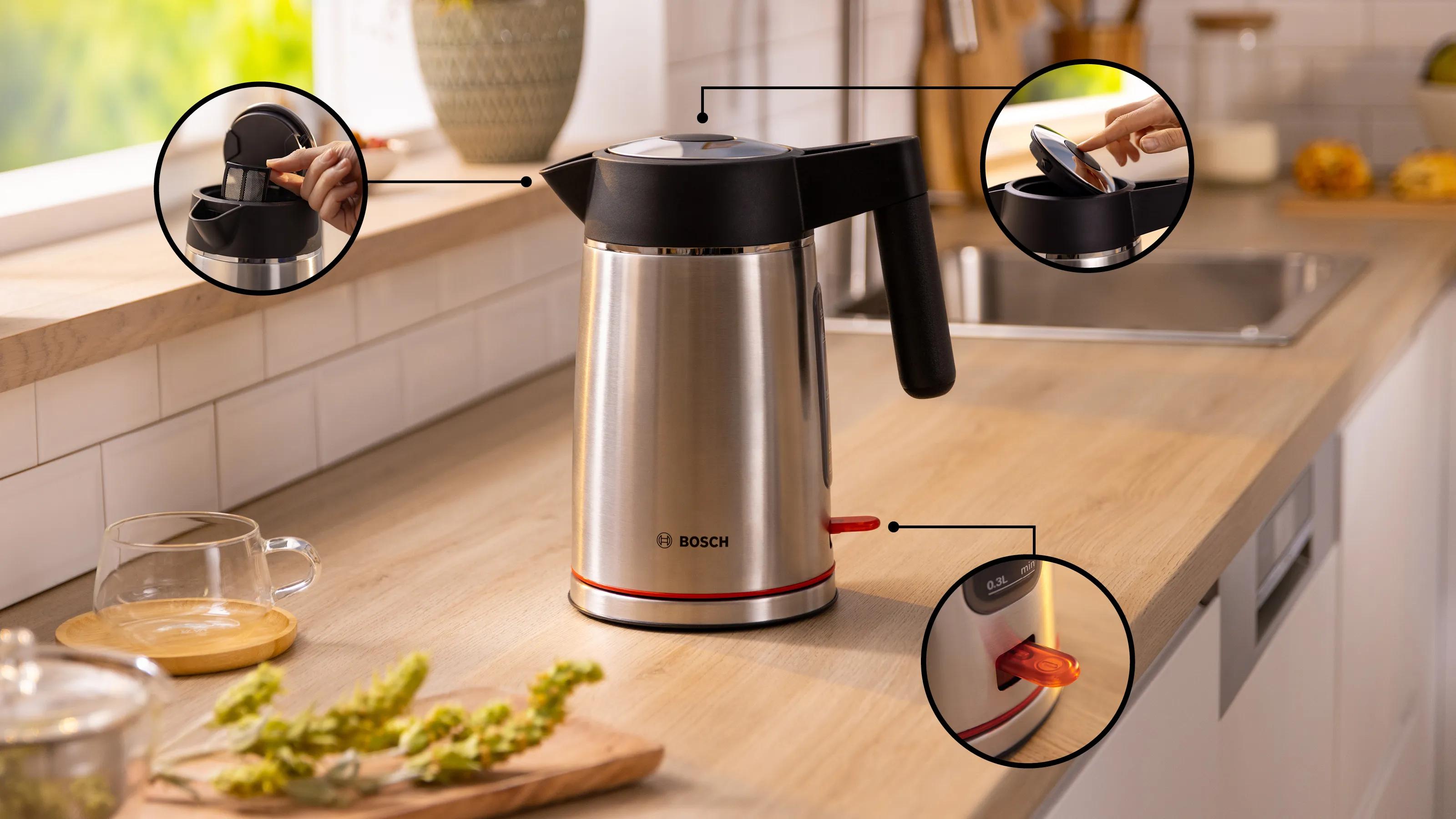 Kettle with close-ups of lid and water level.