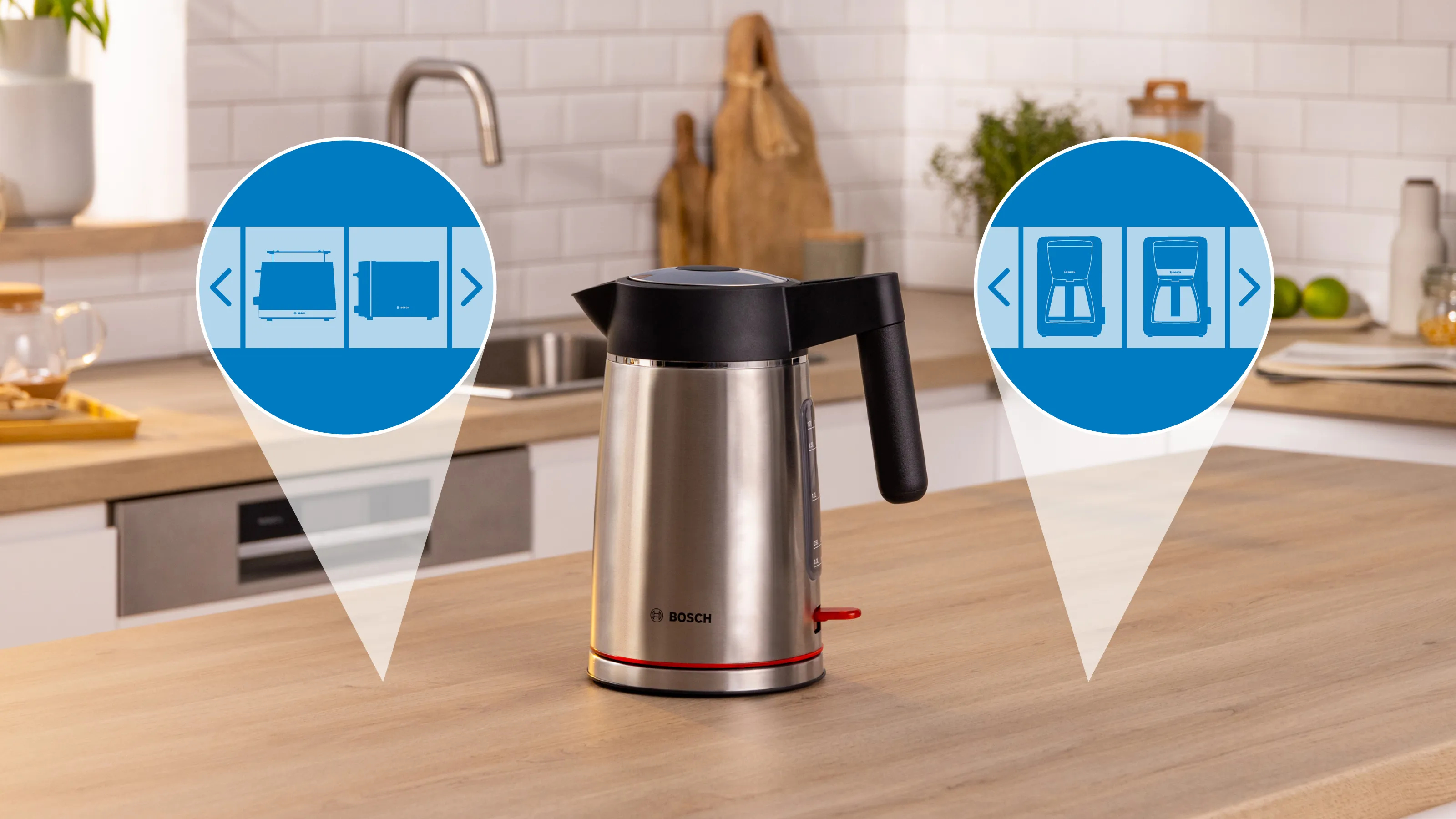 Silver kettle with black accents. Two blue circles with icons hover on the sides.