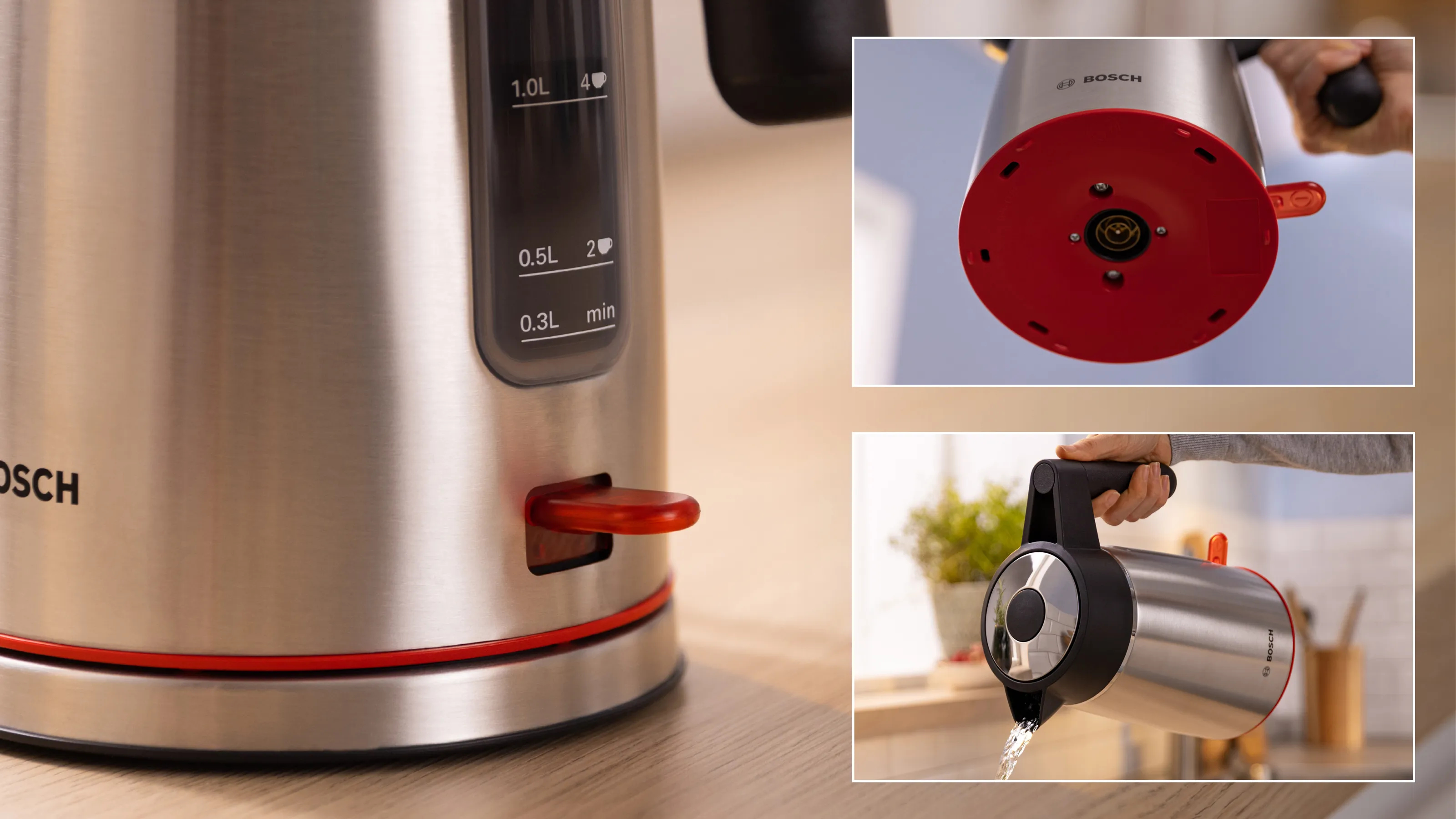 Stainless steel kettle with red accents, showing water level, base, and pouring action.
