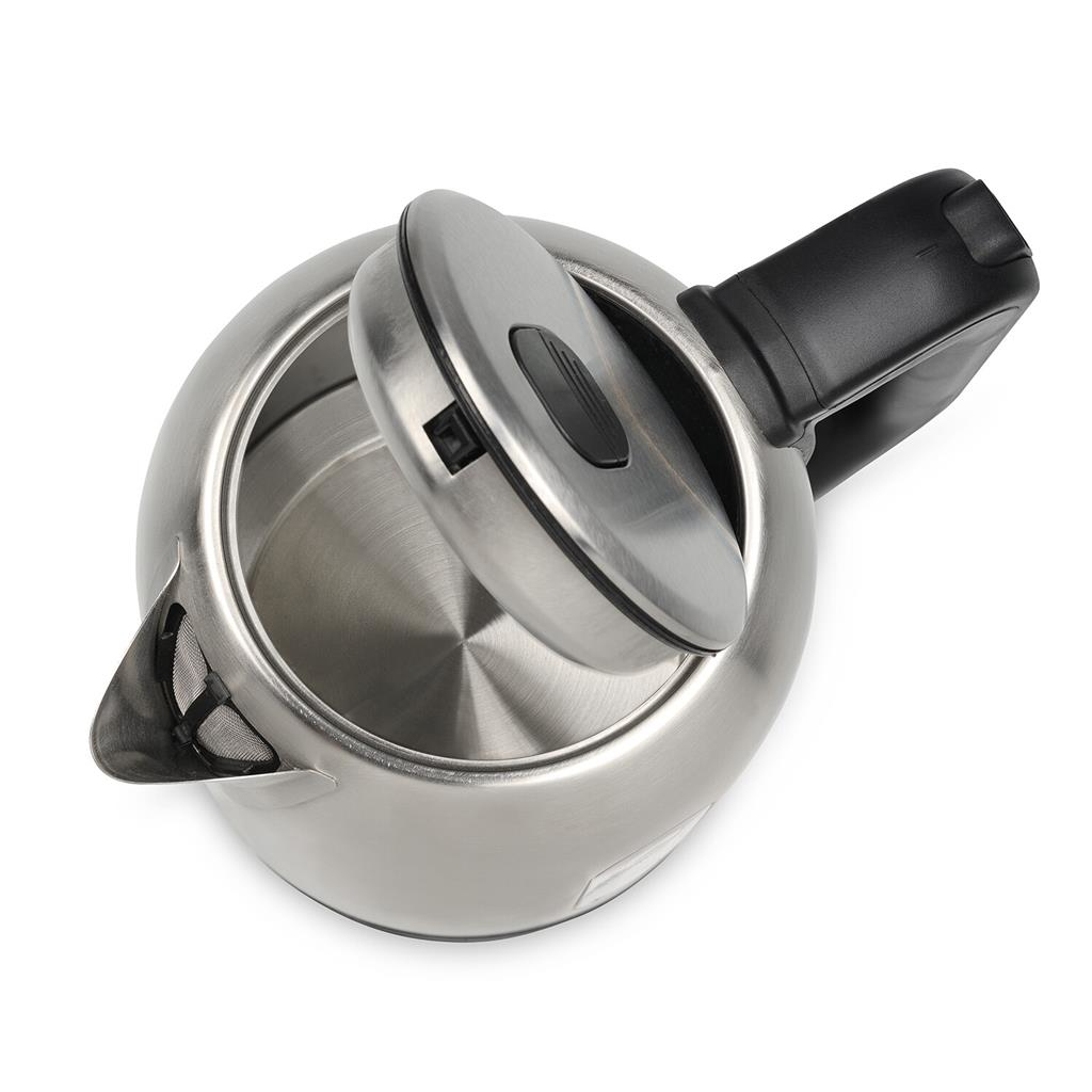 Czajnik ze stali nierdzewnej, otwarte wieczko. Widoczne wnętrze. Czarny uchwyt po prawej.