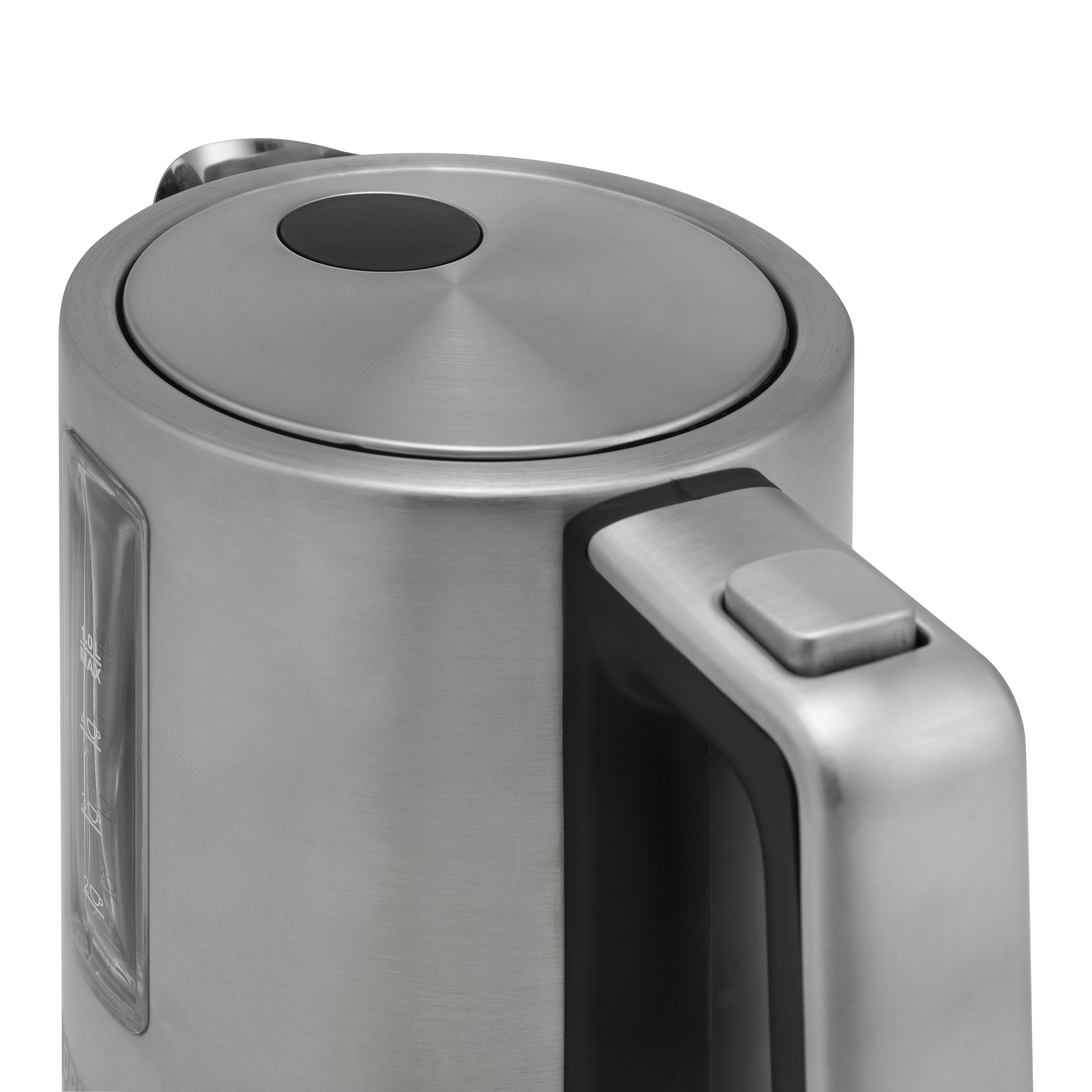 Srebrny czajnik elektryczny z czarnym uchwytem, widoczny wskaźnik poziomu wody.