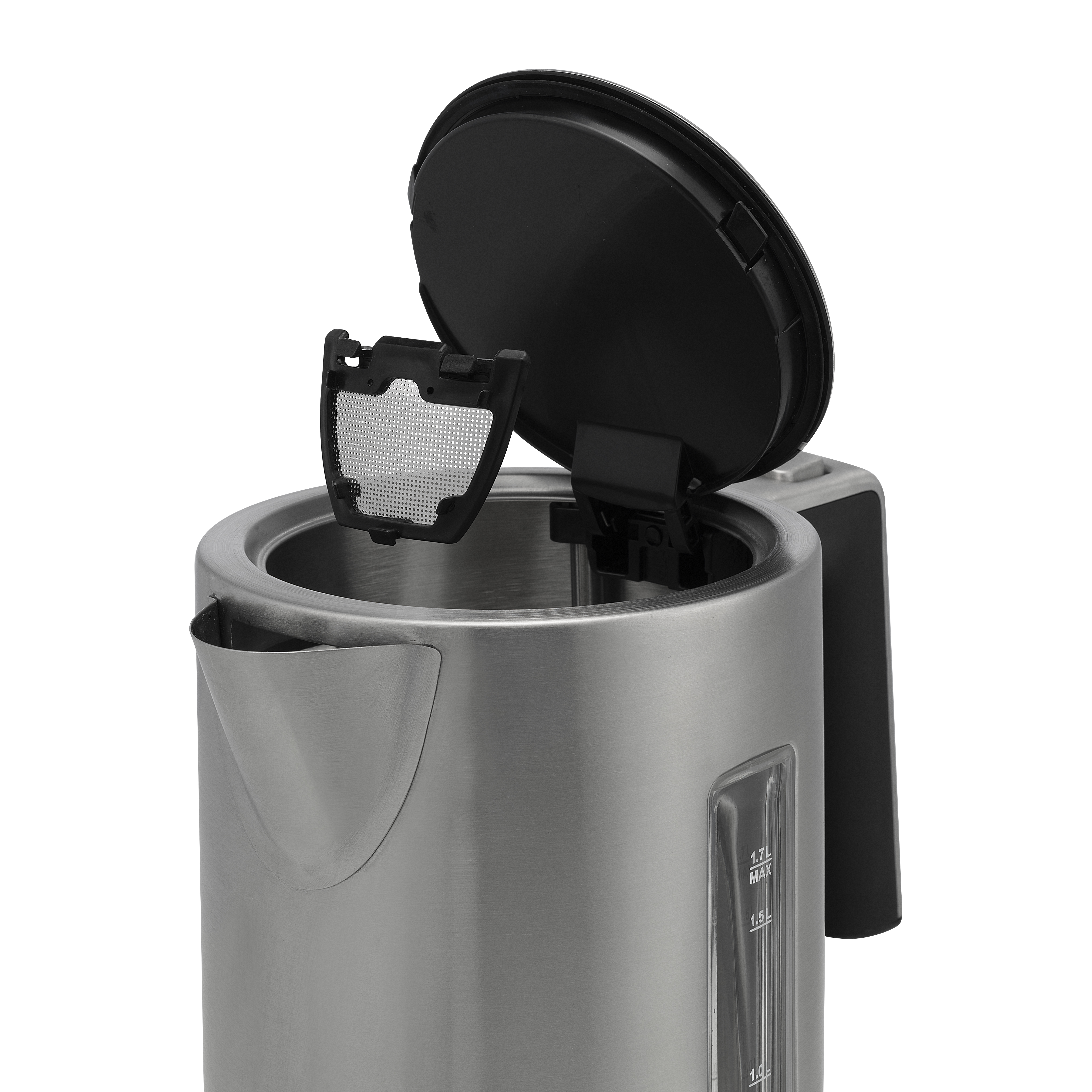 Ein elektrischer Wasserkocher aus Edelstahl mit offenem Deckel, der den Filter zeigt.