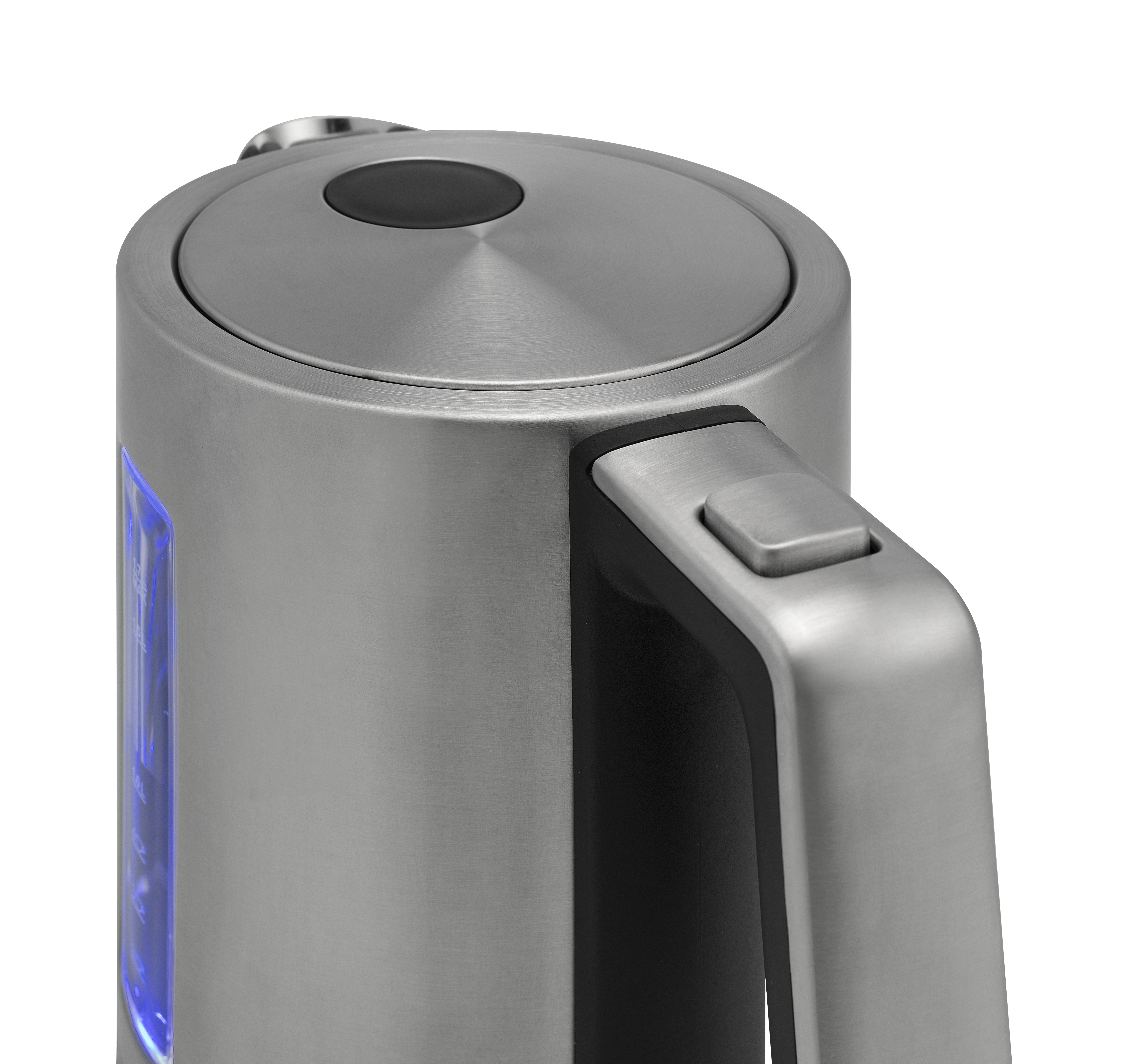 Elektrischer Wasserkocher aus Edelstahl mit blauer Lichtanzeige. Schwarzer Griff.