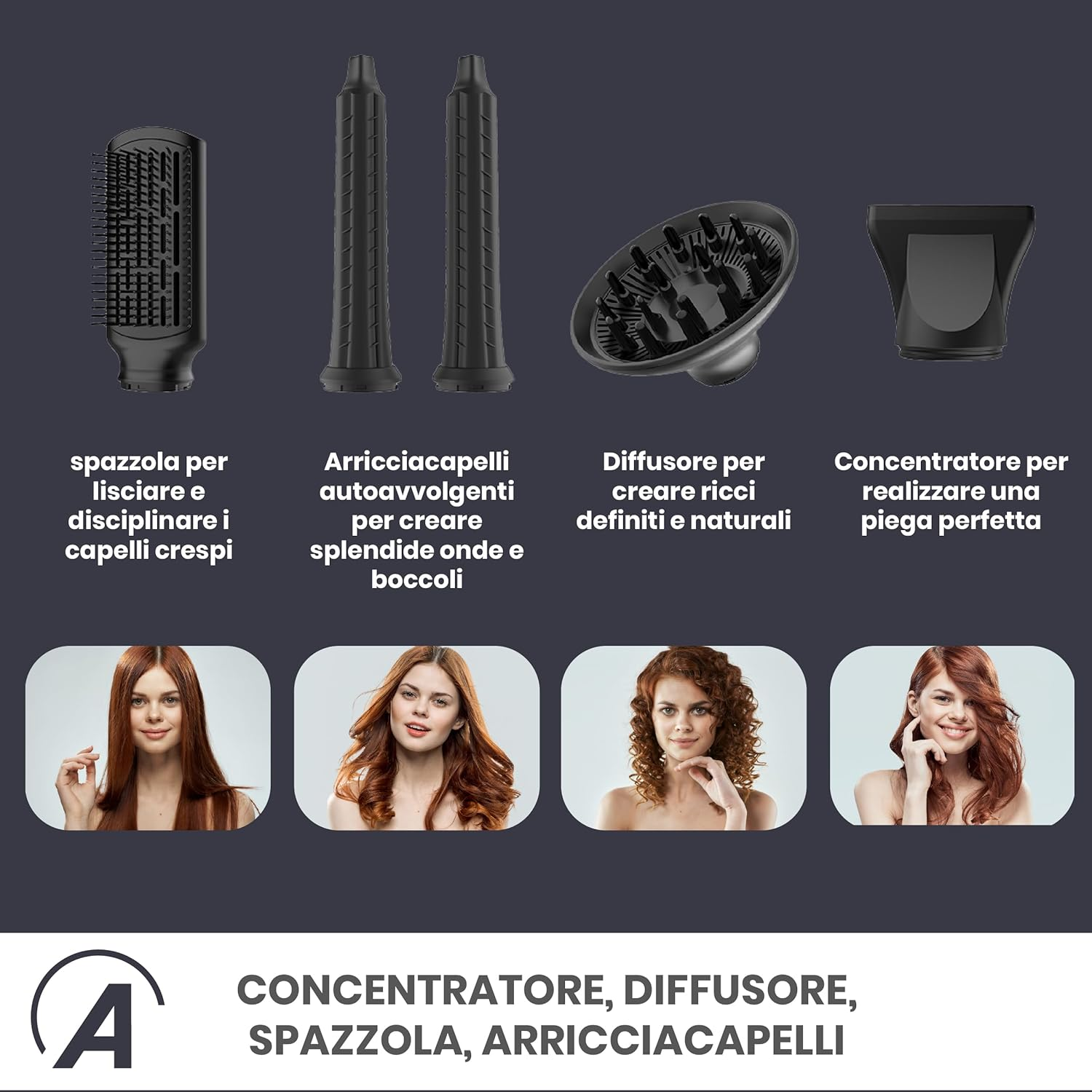 Frisurenwerkzeuge und Bilder von Frauen mit verschiedenen Frisuren. Werkzeuge umfassen Bürste und Lockenwickler.
