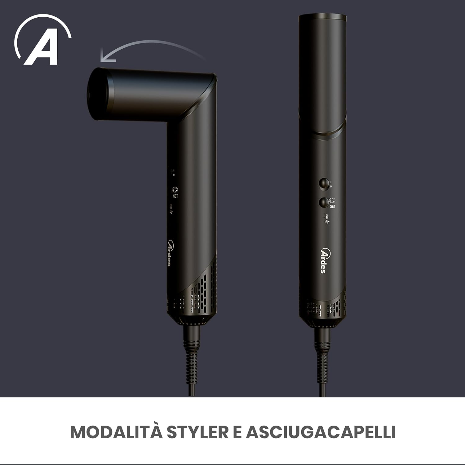 Zwei schwarze Haartrockner, einer gerade und einer abgewinkelt. Der Text lautet 'MODALITA STYLER E ASCIUGACAPELLI'.
