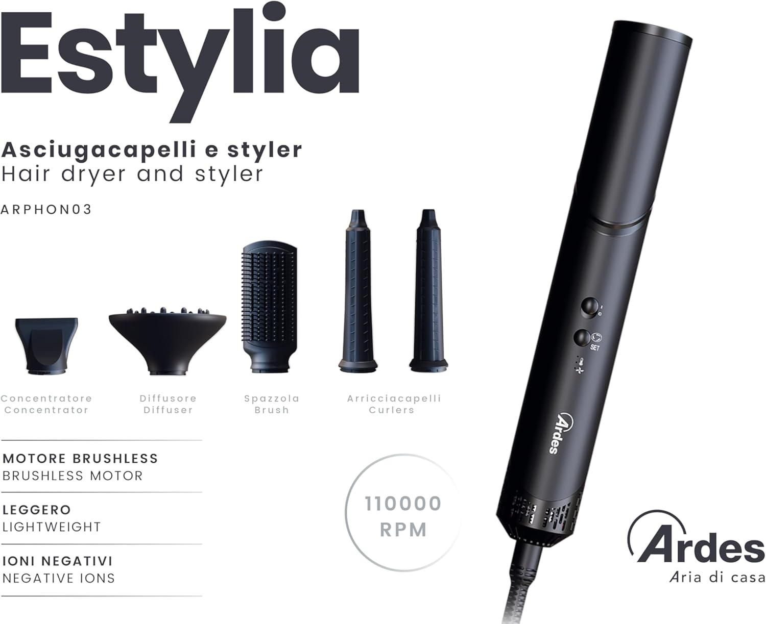Schwarzer Haartrockner und Styler mit Aufsätzen und Funktionen links aufgelistet.