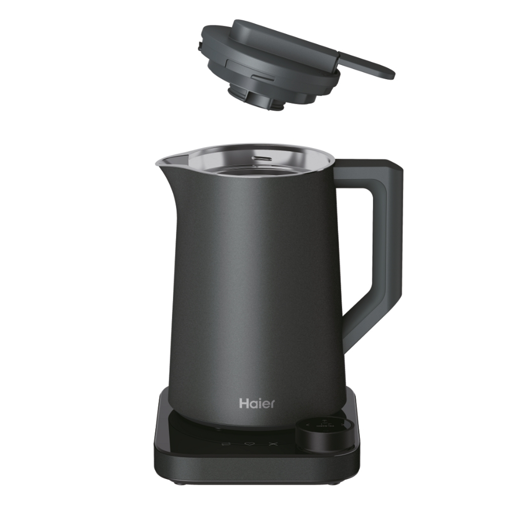 Czarny czajnik elektryczny z odłączoną pokrywą, na czarnej podstawie.