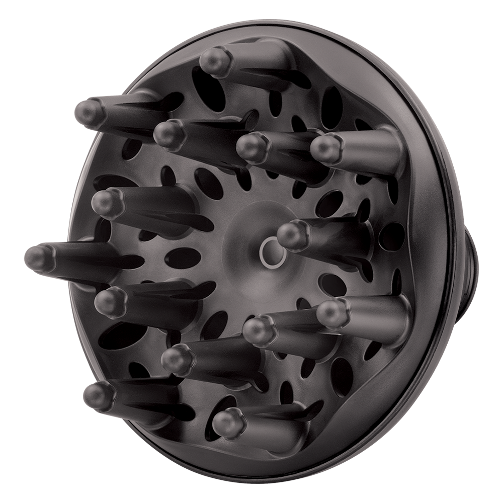 Accessorio diffusore per asciugacapelli nero con più ugelli.