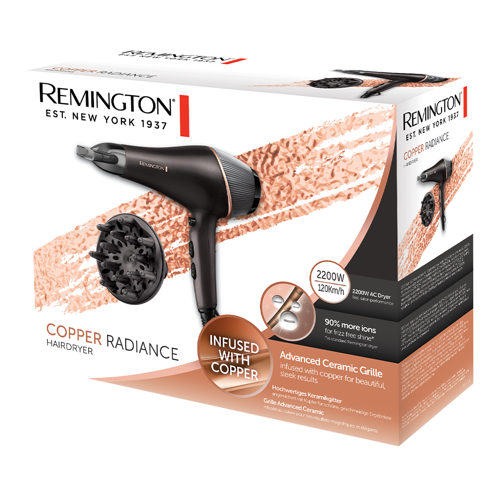 Asciugacapelli Remington con scatola. Modello Copper Radiance con diffusore e info sulla scatola.