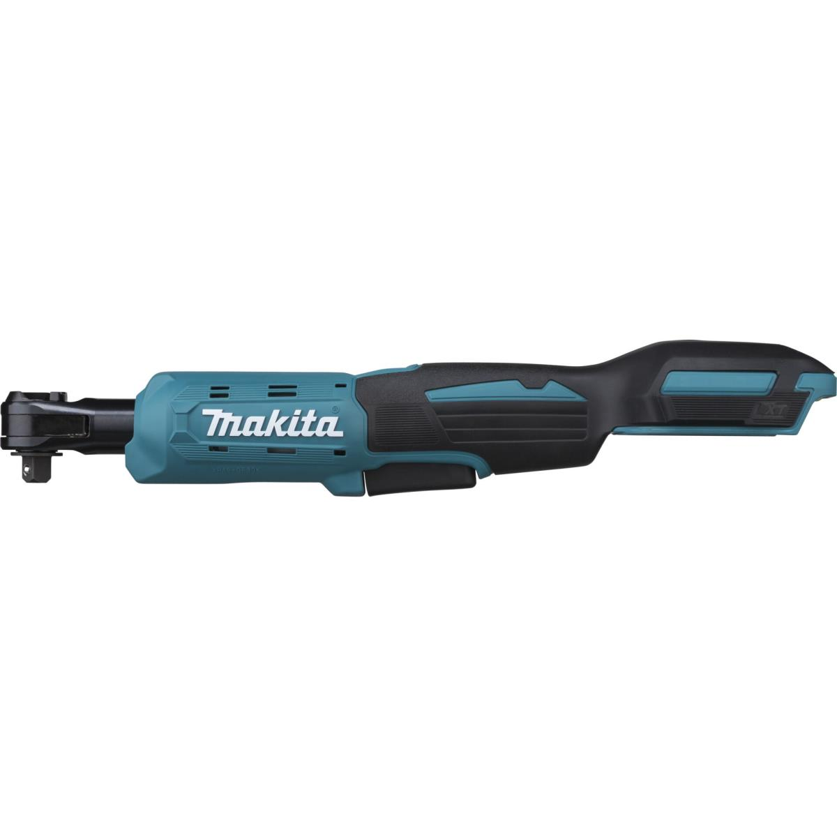 Llave de carraca inalámbrica Makita azul y negra con mango negro, fondo blanco.