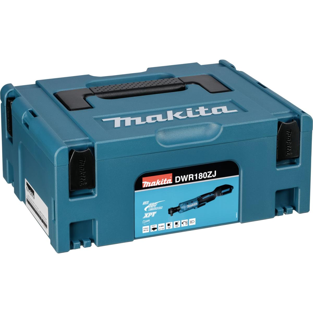 Maleta de herramientas Makita azul, con una herramienta Makita DWR180ZJ.