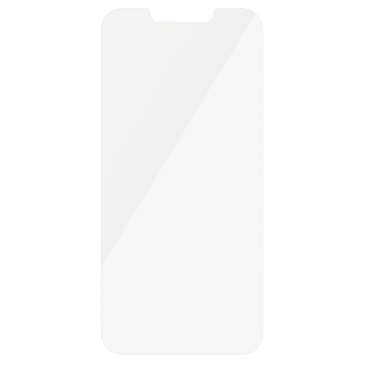 Een transparante schermbeschermer voor een telefoon, op een witte achtergrond, met een inkeping aan de bovenkant.