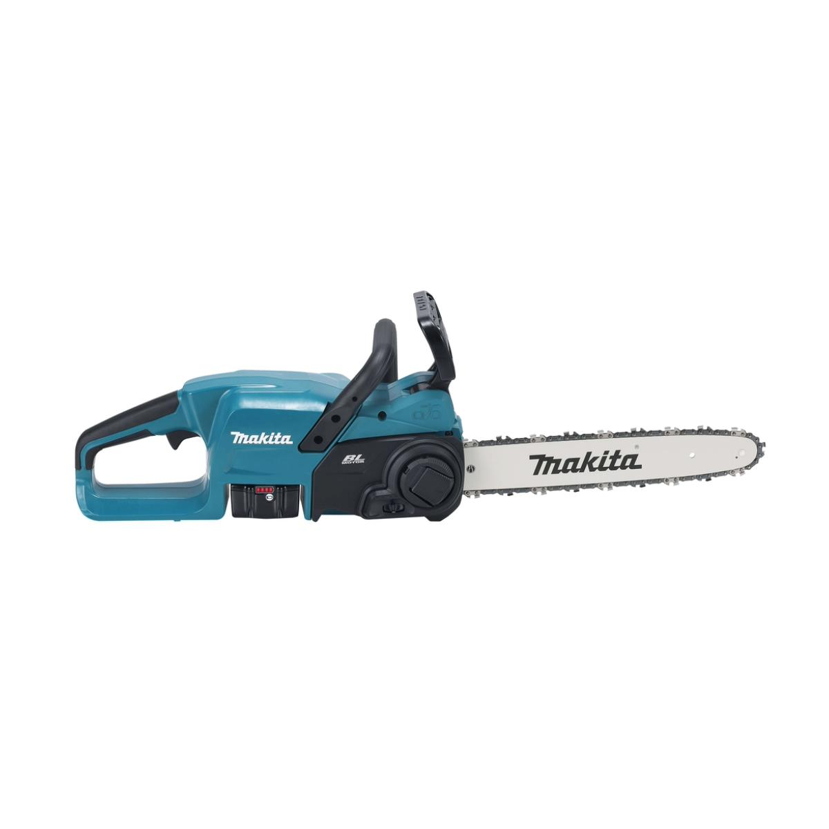 Türkisfarbene Makita-Kettensäge mit schwarzem Griff und Sägeblatt. Das Makita-Logo ist sichtbar.