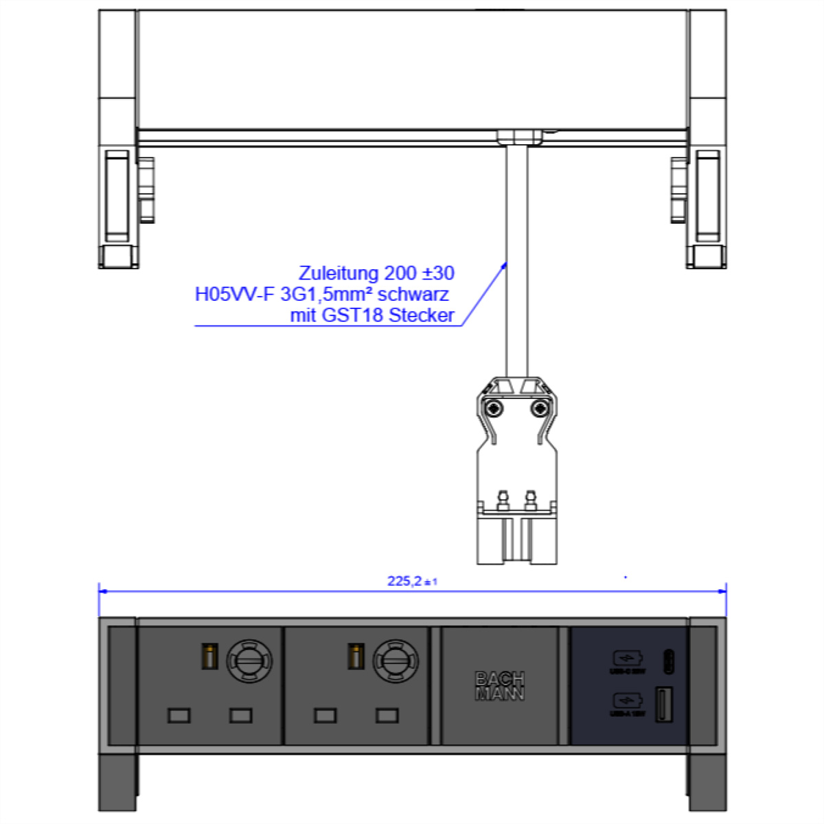 Diagram van een elektrisch apparaat met tekst en afmetingen. Het apparaat is zwart en zilver.