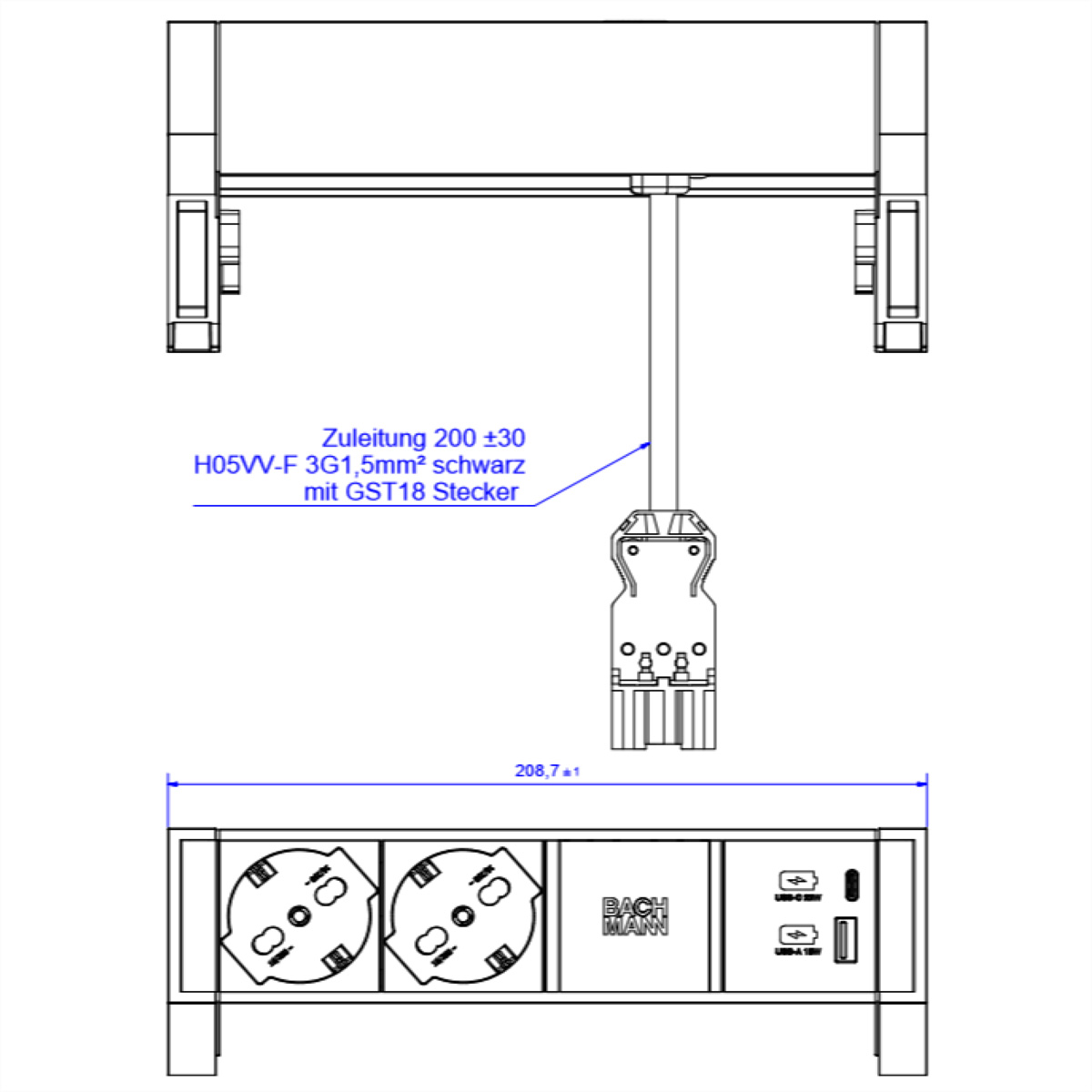 Technische tekening van elektrische componenten, tekst en afmetingen, witte achtergrond.