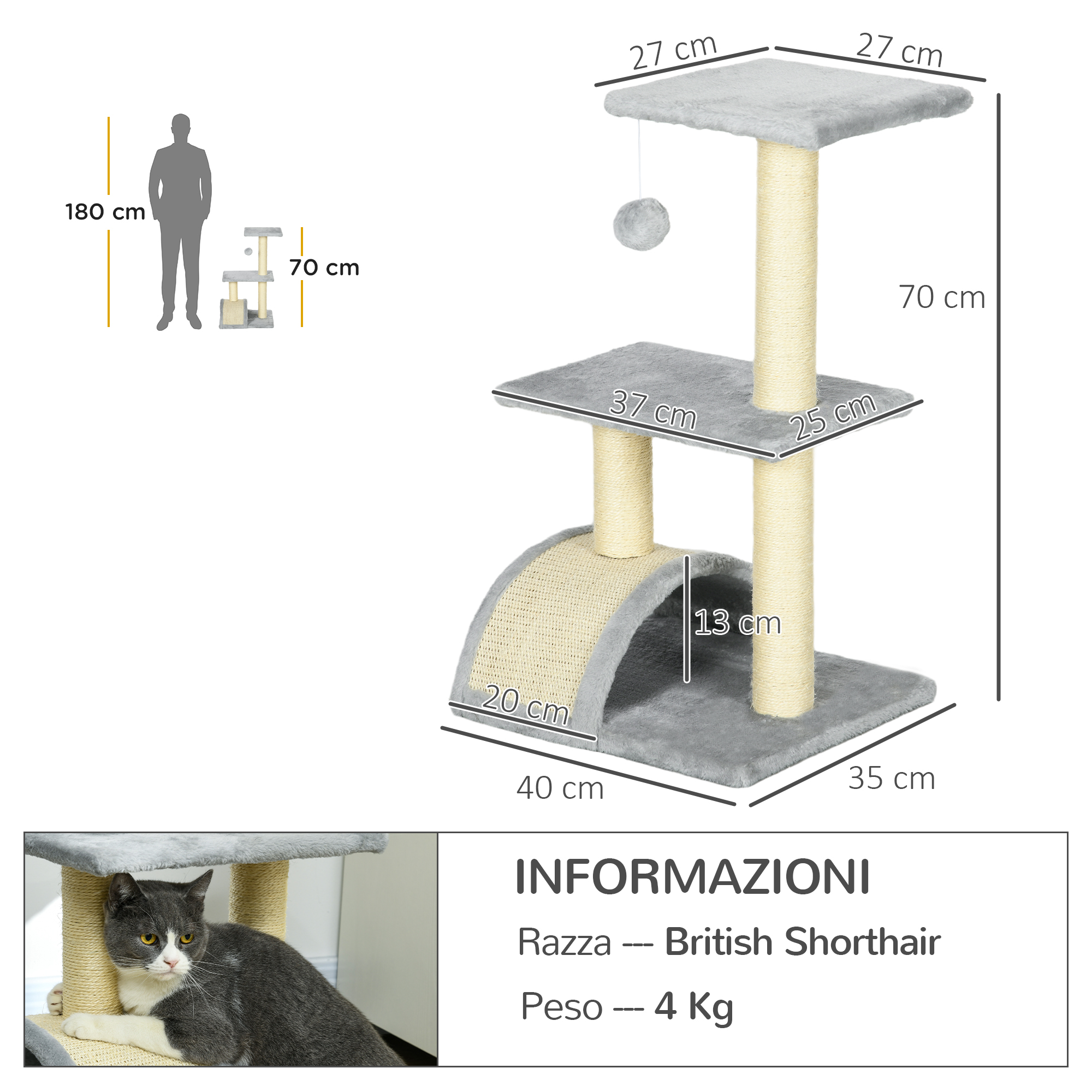 Albero per gatti con dimensioni e un gatto in basso. Mostra un gatto British Shorthair.