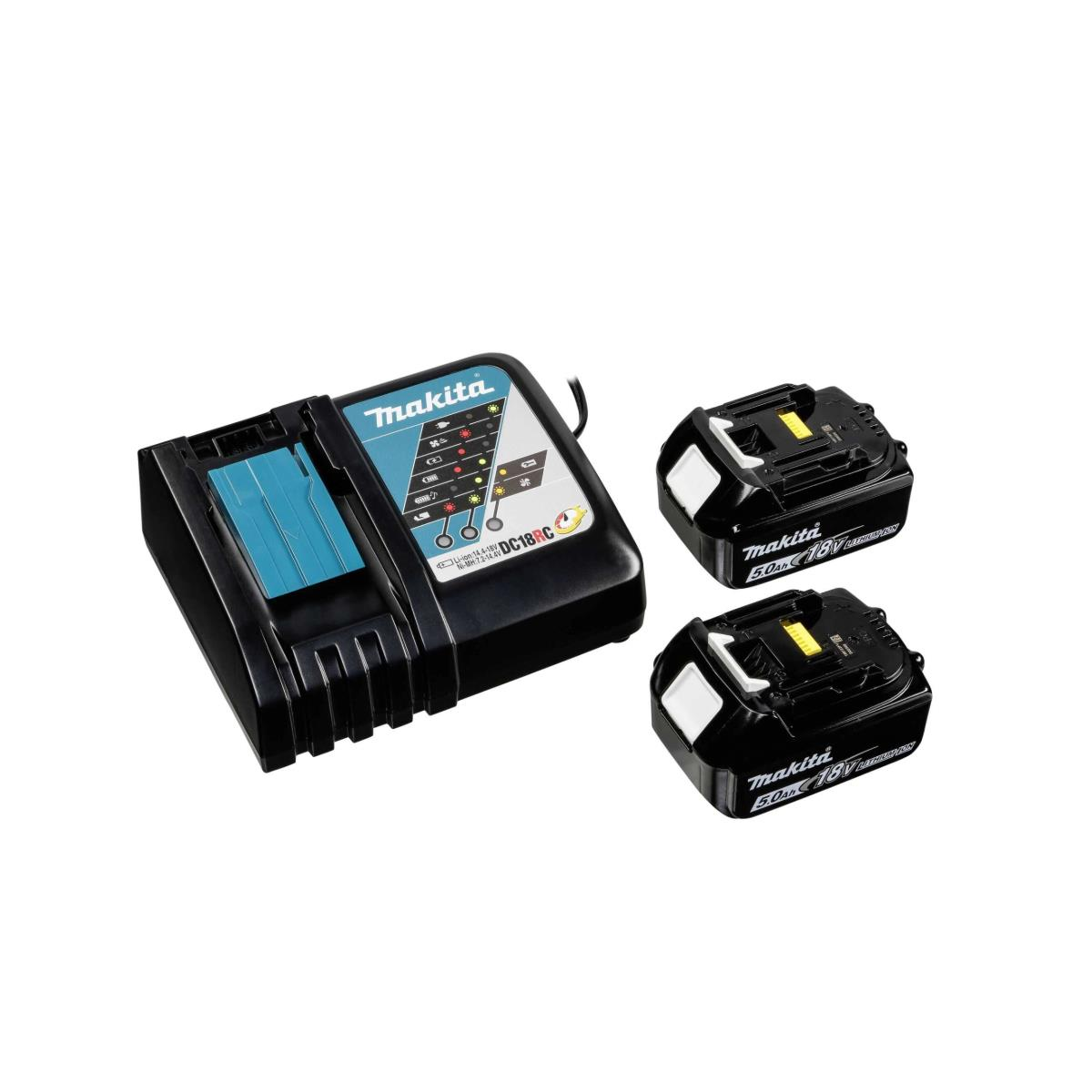 Ein schwarzes und türkisfarbenes Makita-Batterieladegerät mit zwei schwarzen Batterien.
