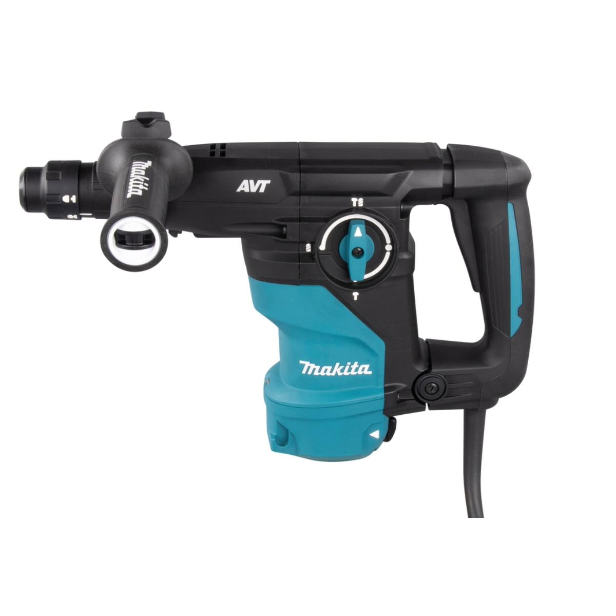 Martello perforatore Makita nero e turchese su sfondo bianco, inclinato a destra.