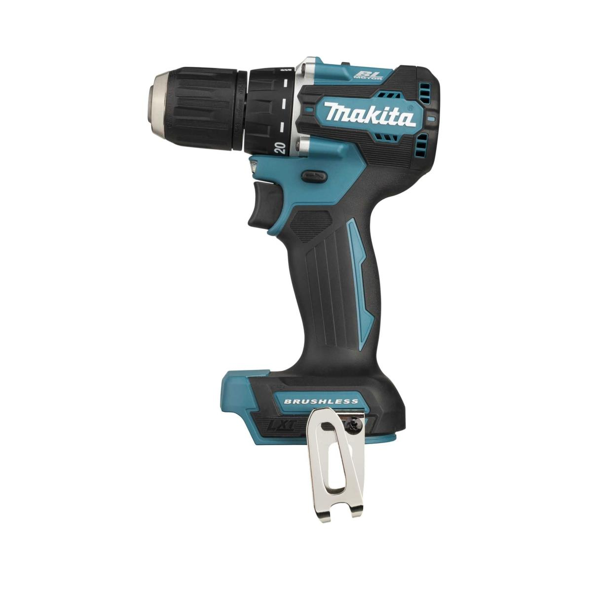 Czarna i turkusowa wiertarka akumulatorowa Makita z klipsem na baterię. Wiertarka na białym tle.