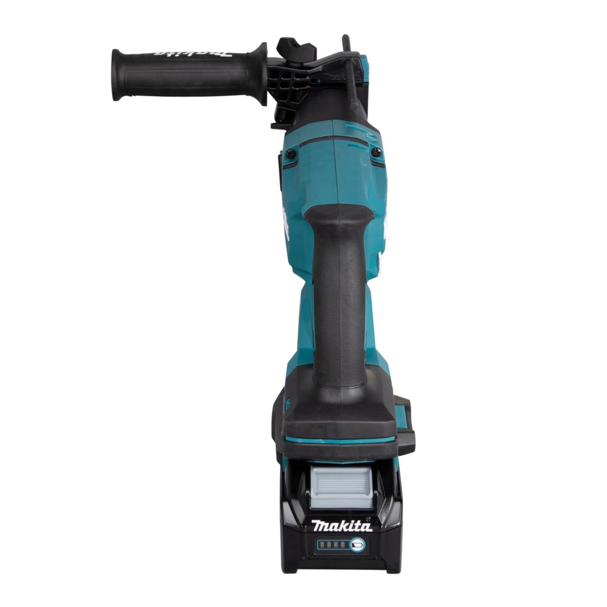 Ein teal-schwarzer Makita-Bohrer mit angebrachter Batterie. Der Bohrer wird von oben betrachtet.