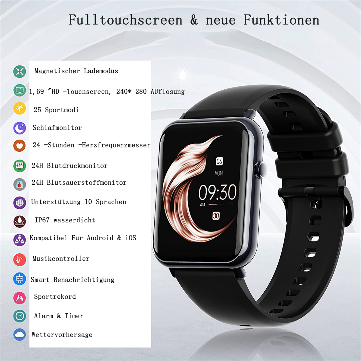 Schwarze Smartwatch mit Touchscreen und Informationssymbolen auf dem Bildschirm. Schwarzes Armband.