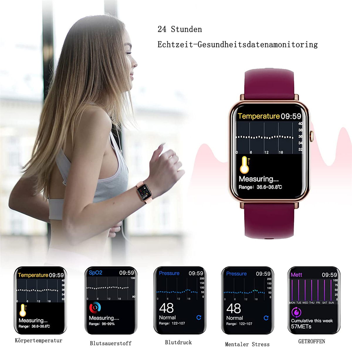 Frau beim Laufen mit Smartwatch, die Gesundheitsdaten anzeigt, und mehrere Datenbildschirme darunter.