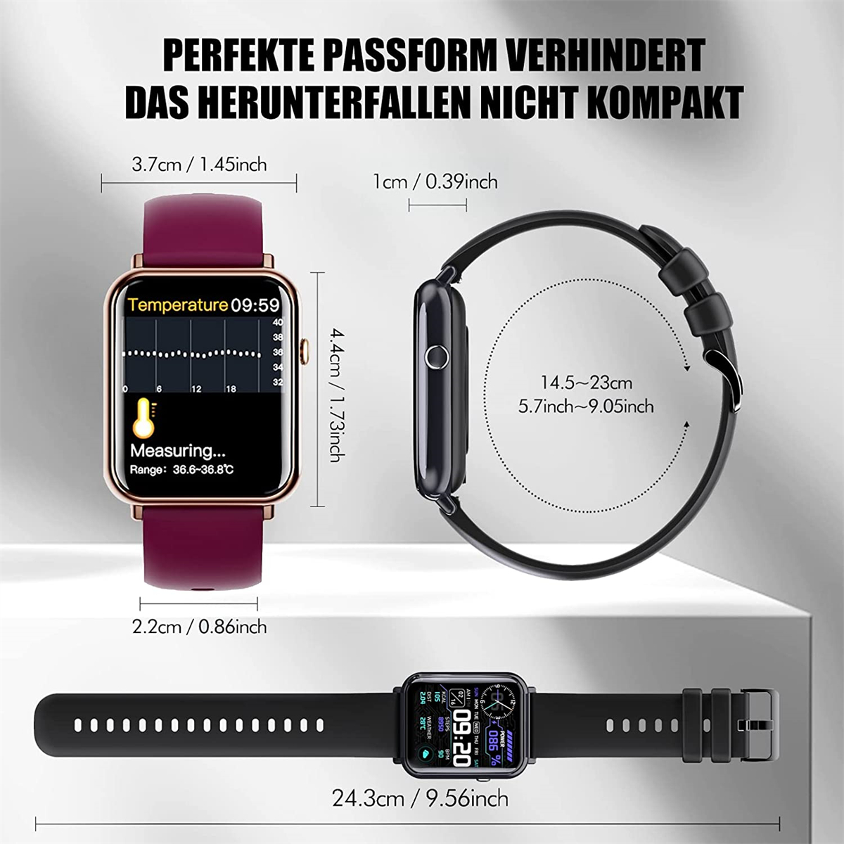 Smartwatch mit burgunderfarbenem Armband, schwarzem Armband und schwarzer Uhr. Messungen sichtbar.