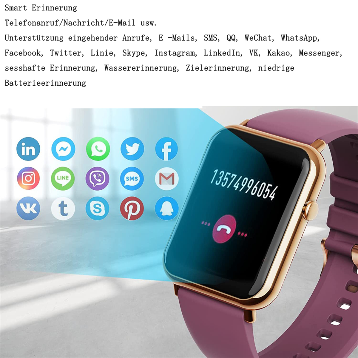 Eine goldgerahmte Smartwatch mit lila Armband, die eine eingehende Anrufschnittstelle zeigt.