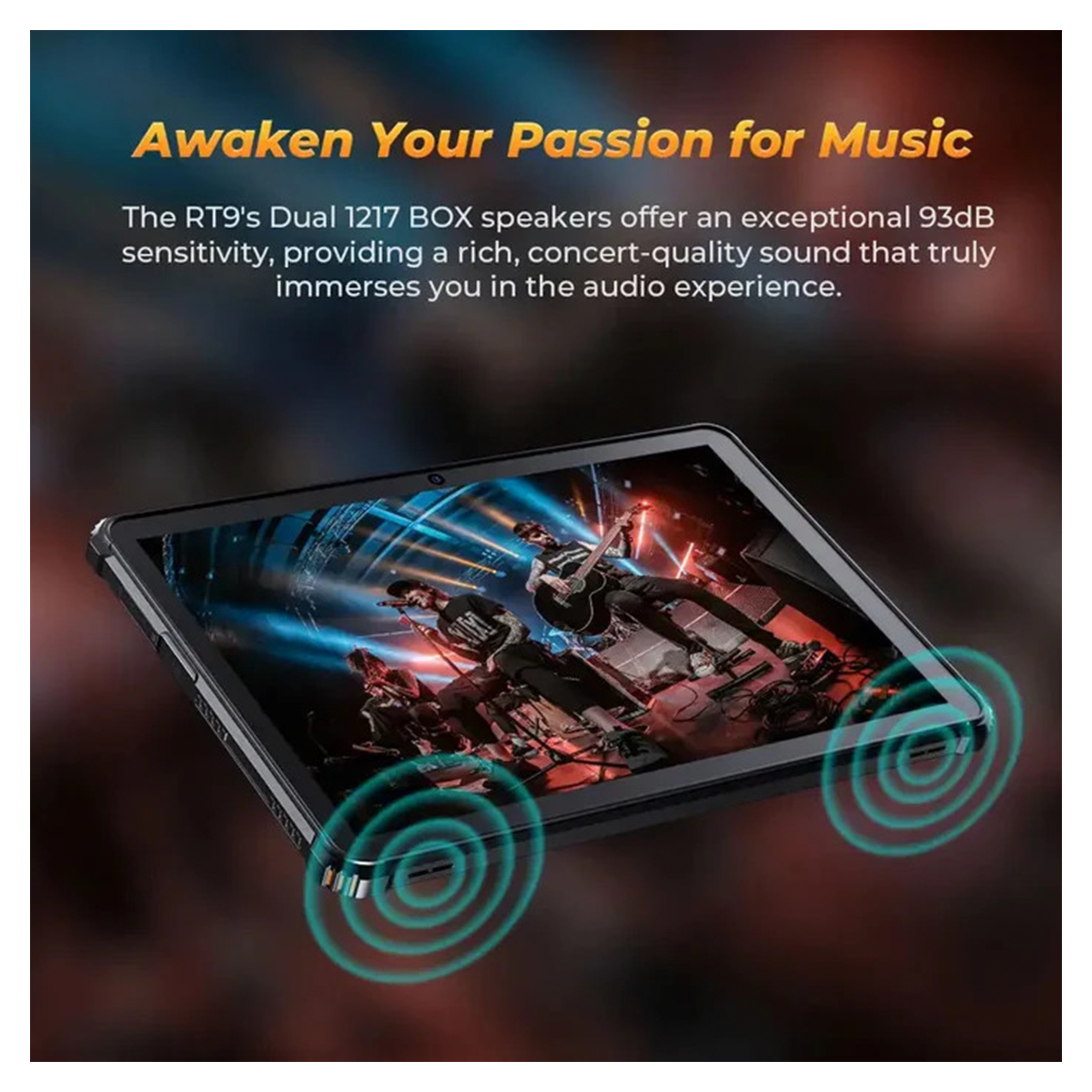 Tablet z głośnikami odtwarzającymi muzykę; grupa ludzi w tle.