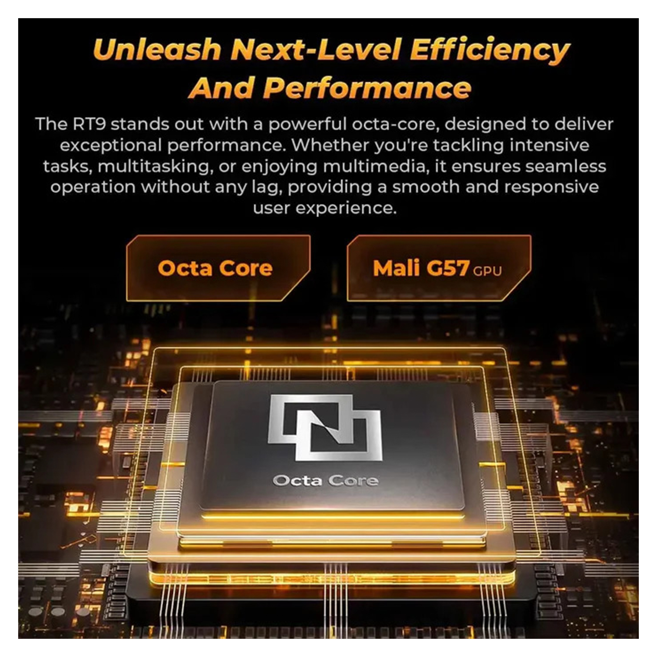 Grafika promocyjna z tekstem, Octa Core i Mali G57 GPU oraz stylizowaną grafiką.