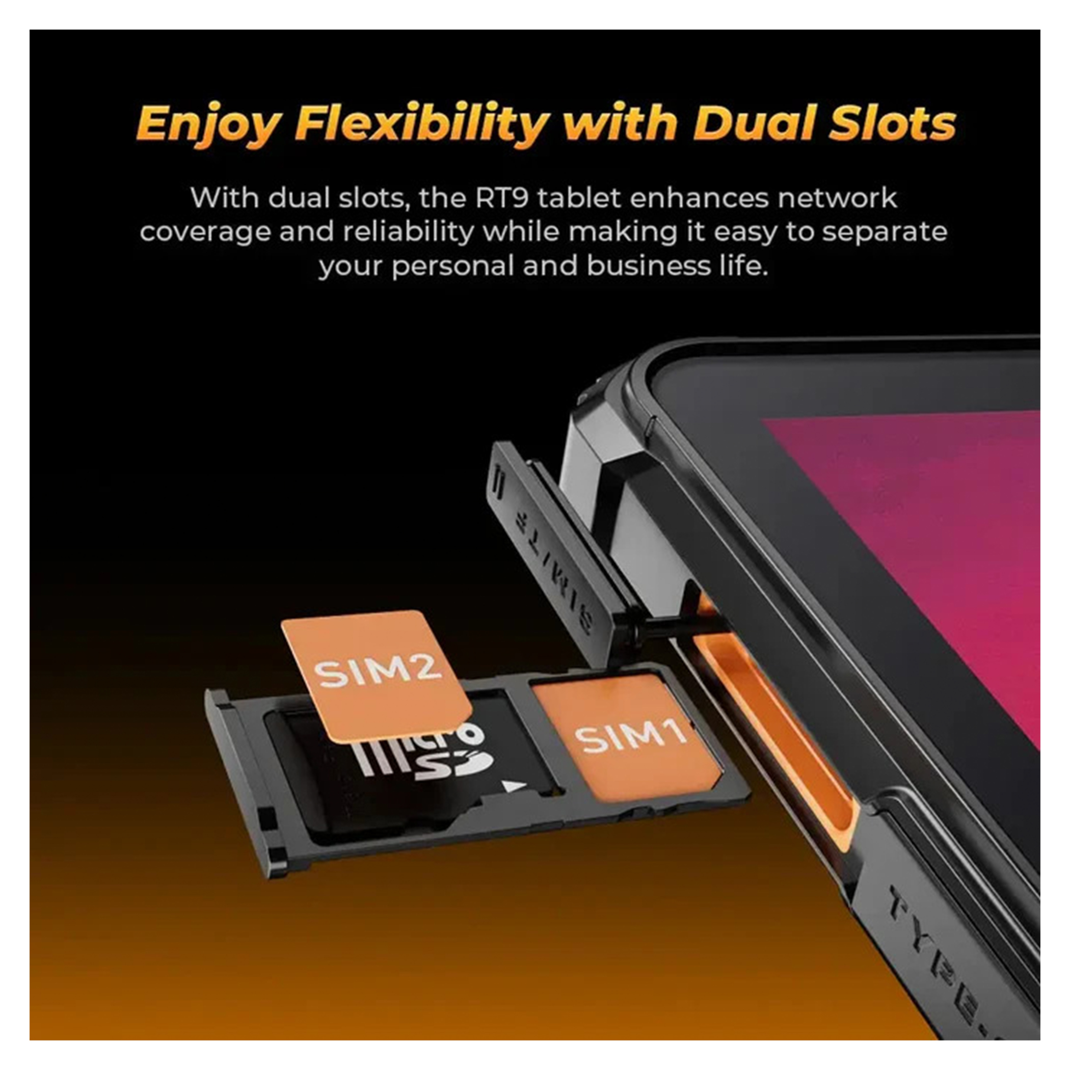 Zbliżenie tabletu pokazujące gniazda SIM i tekst 'SIM1' oraz 'SIM2'.