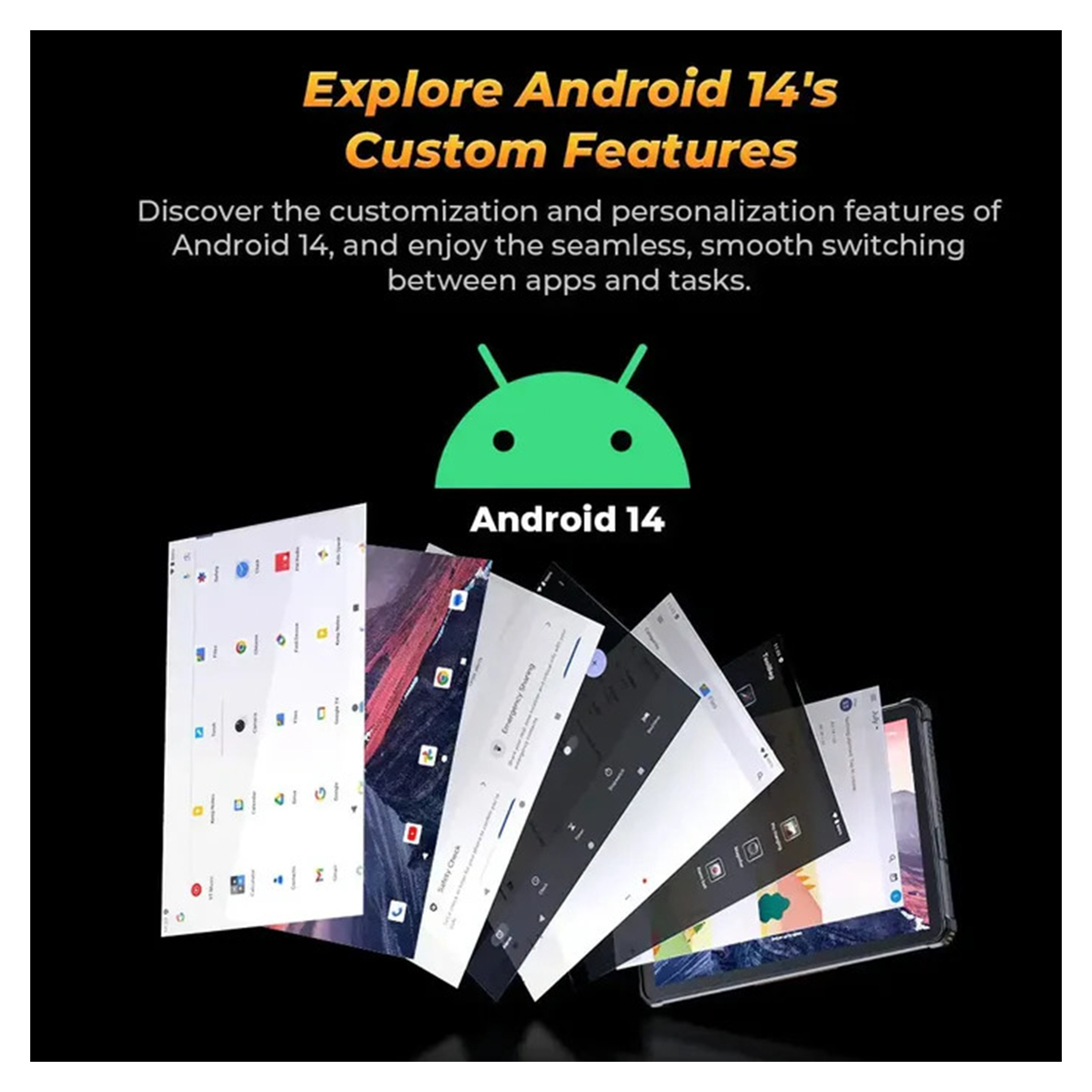 Promocyjny obraz Androida 14 pokazuje funkcje aplikacji i logo Androida.