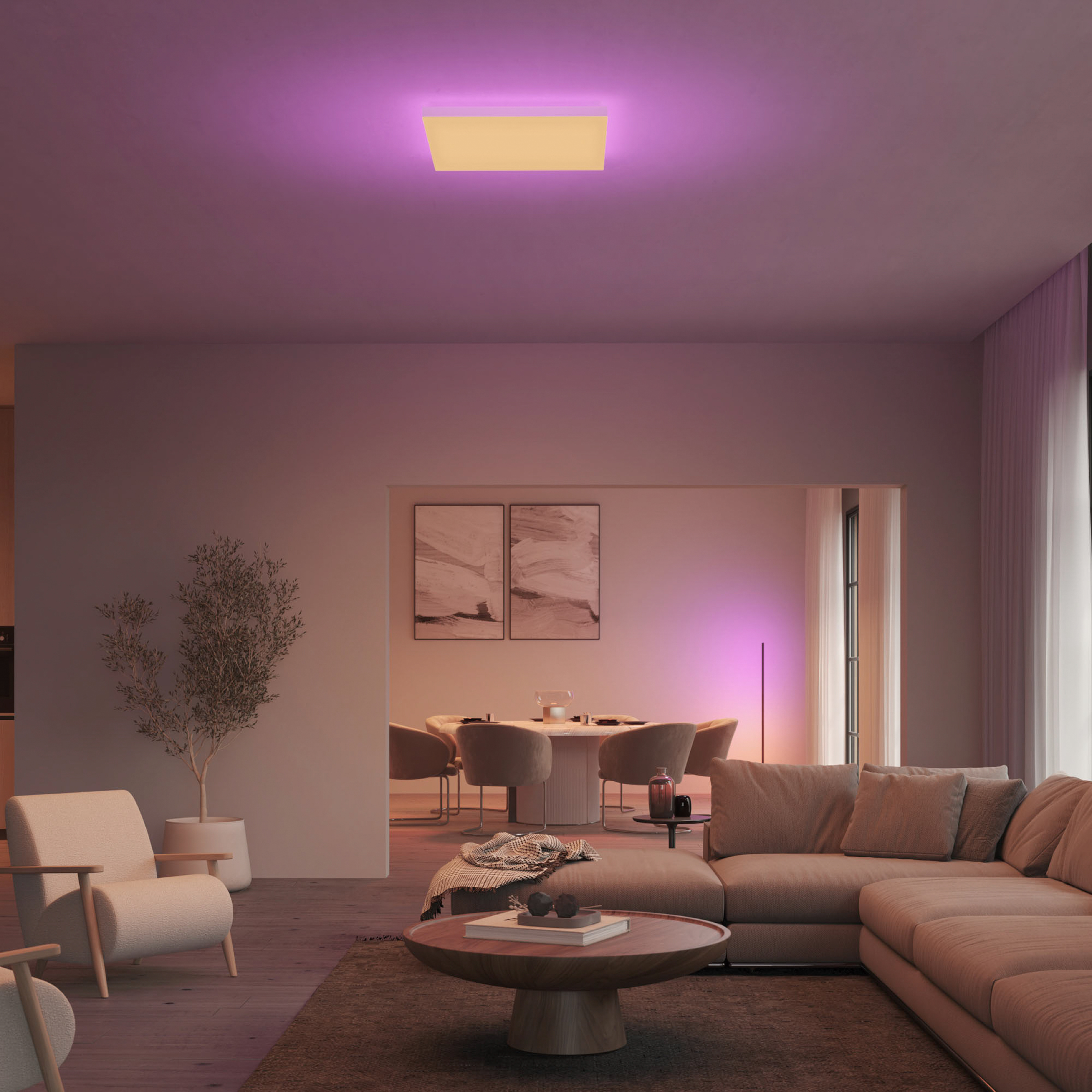 Soggiorno con divano, sedie e tavolo. Una luce pende dal soffitto.