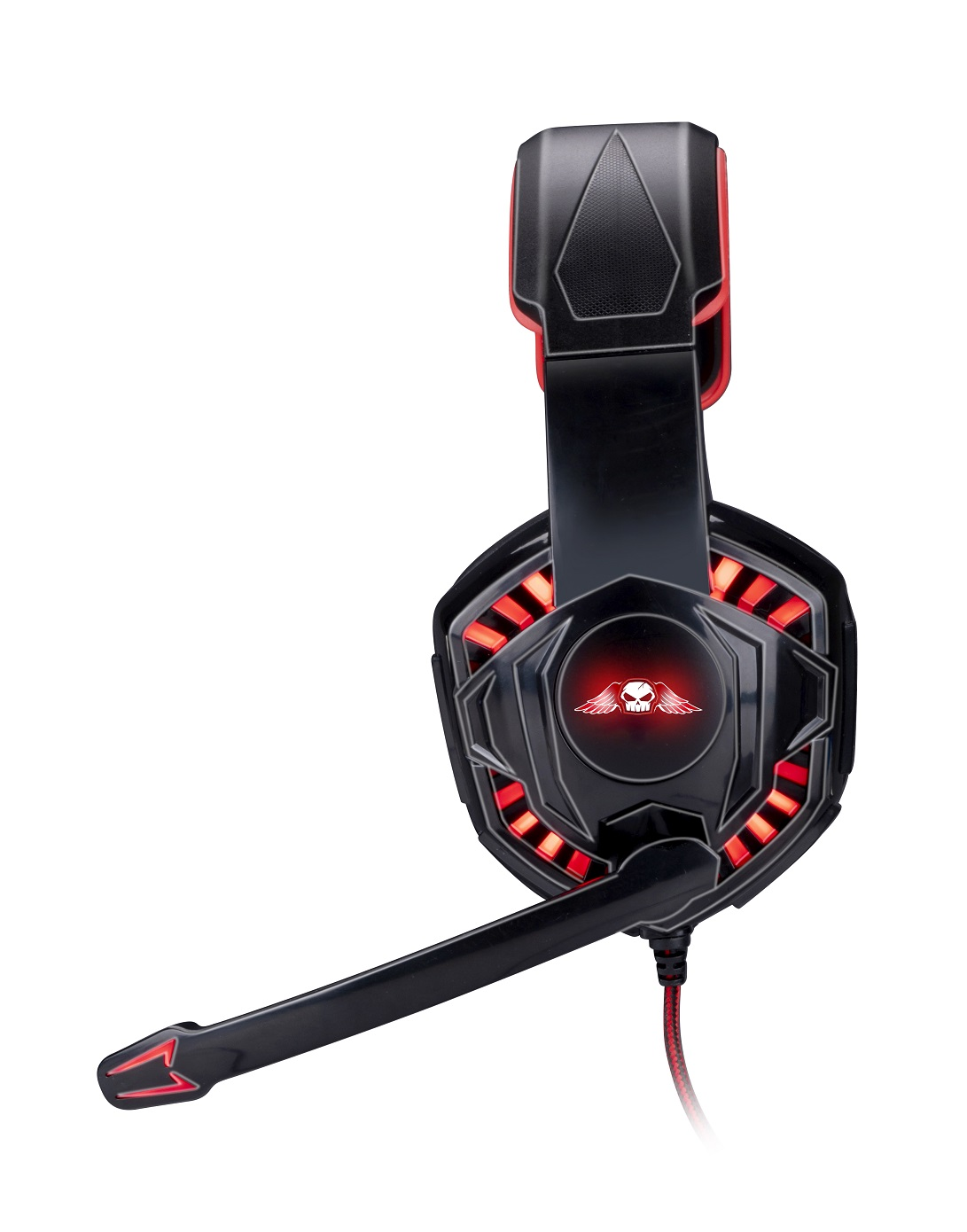 Schwarzes und rotes Gaming-Headset. Es hat ein Mikrofon und leuchtend rote Akzente um die Ohrmuscheln.